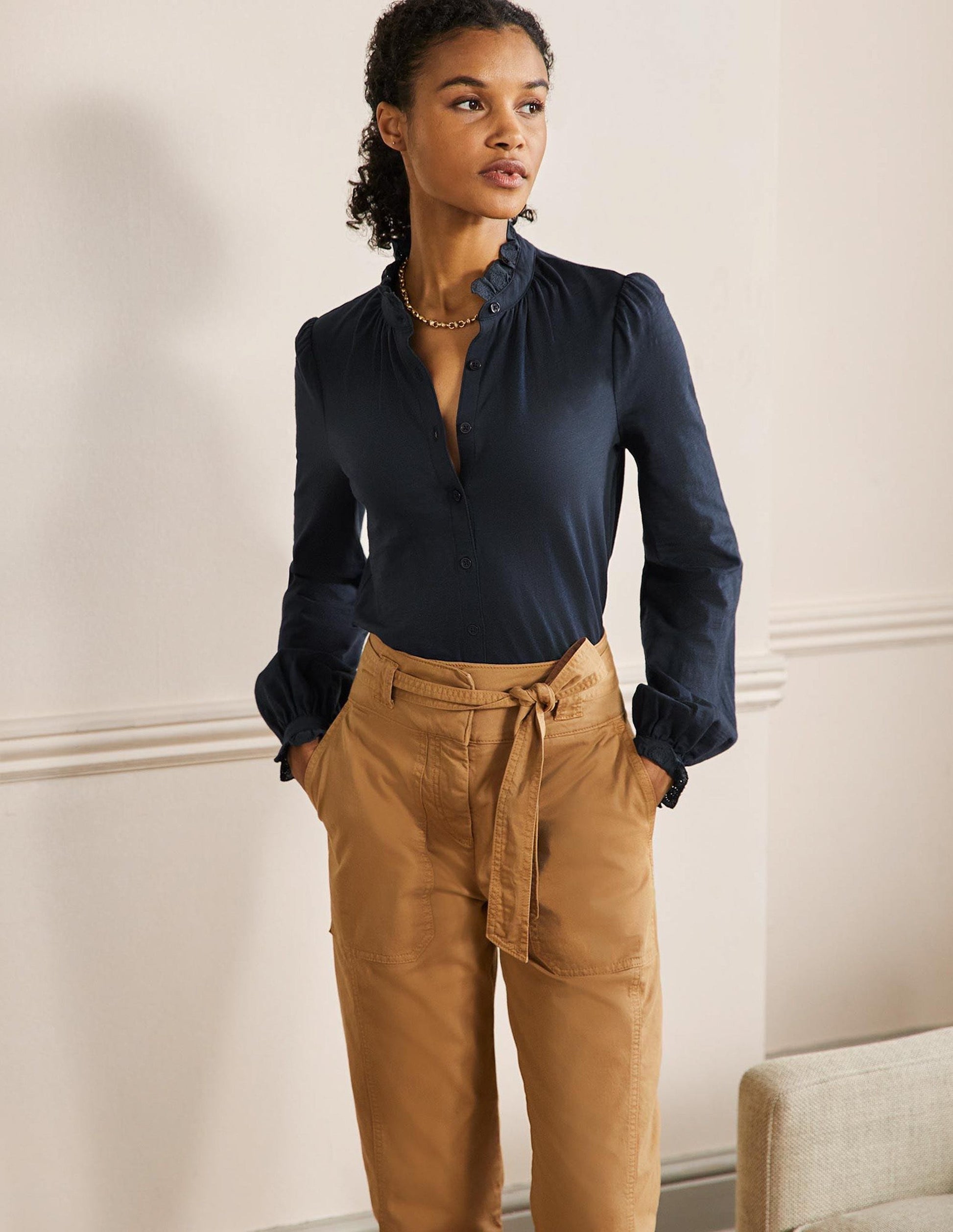 Broderie Trim Jersey Shirt-Navy-4