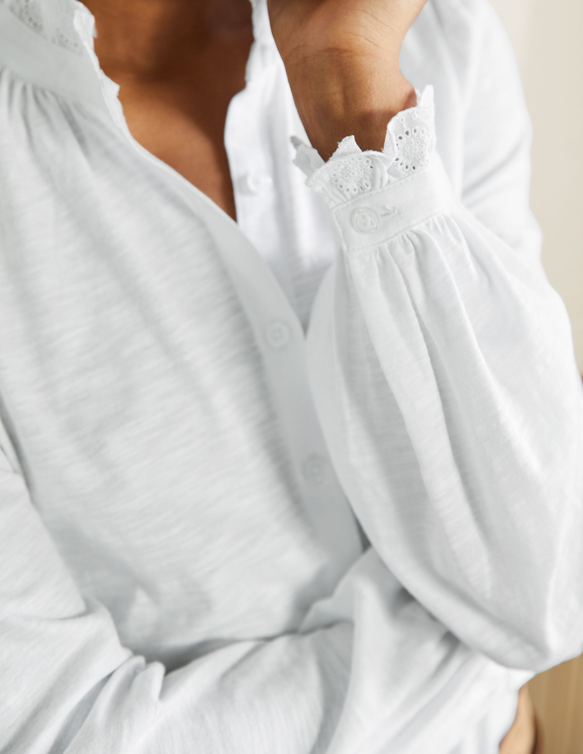 Broderie Trim Jersey Shirt-White - Image 2