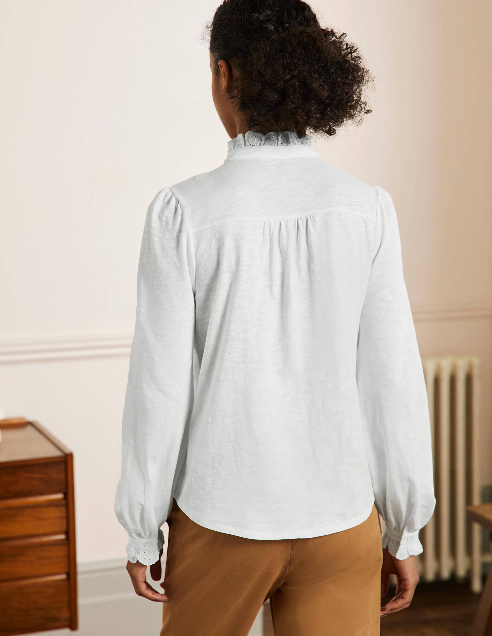 Broderie Trim Jersey Shirt-White - Image 3
