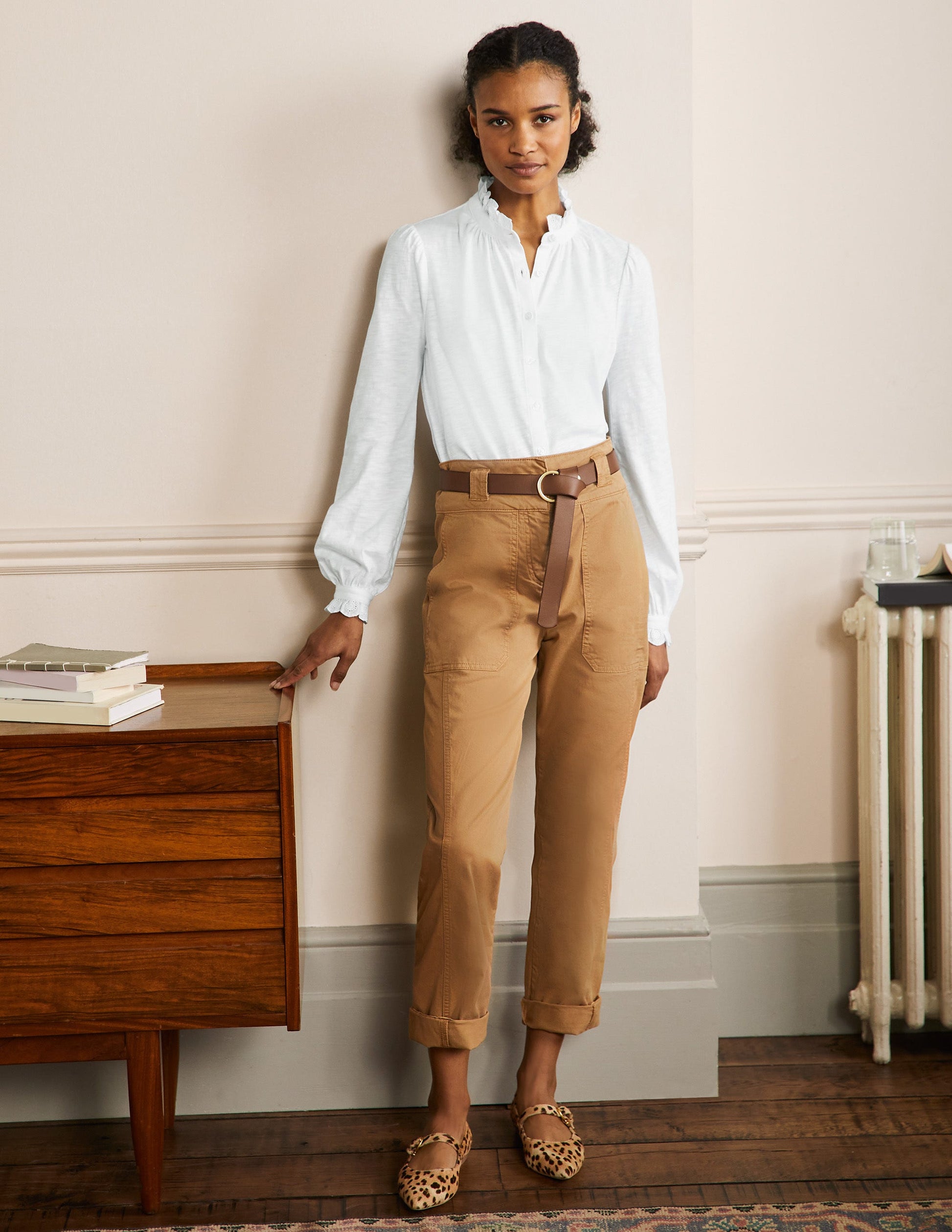 Broderie Trim Jersey Shirt-White-4