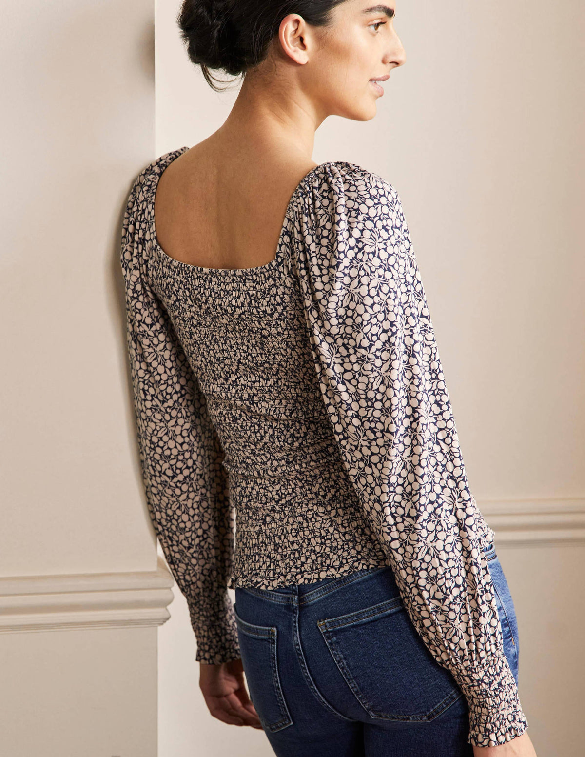 Smocked Bodice Blouson Top-Milkshake, Flora Sprig - Image 3