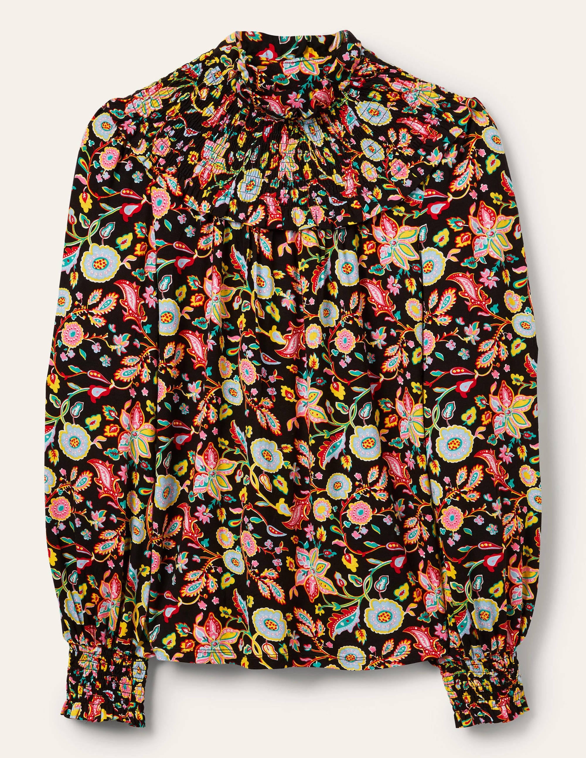 Smocked Neck Jersey Top-Black, Opulent Paradise - Image 6