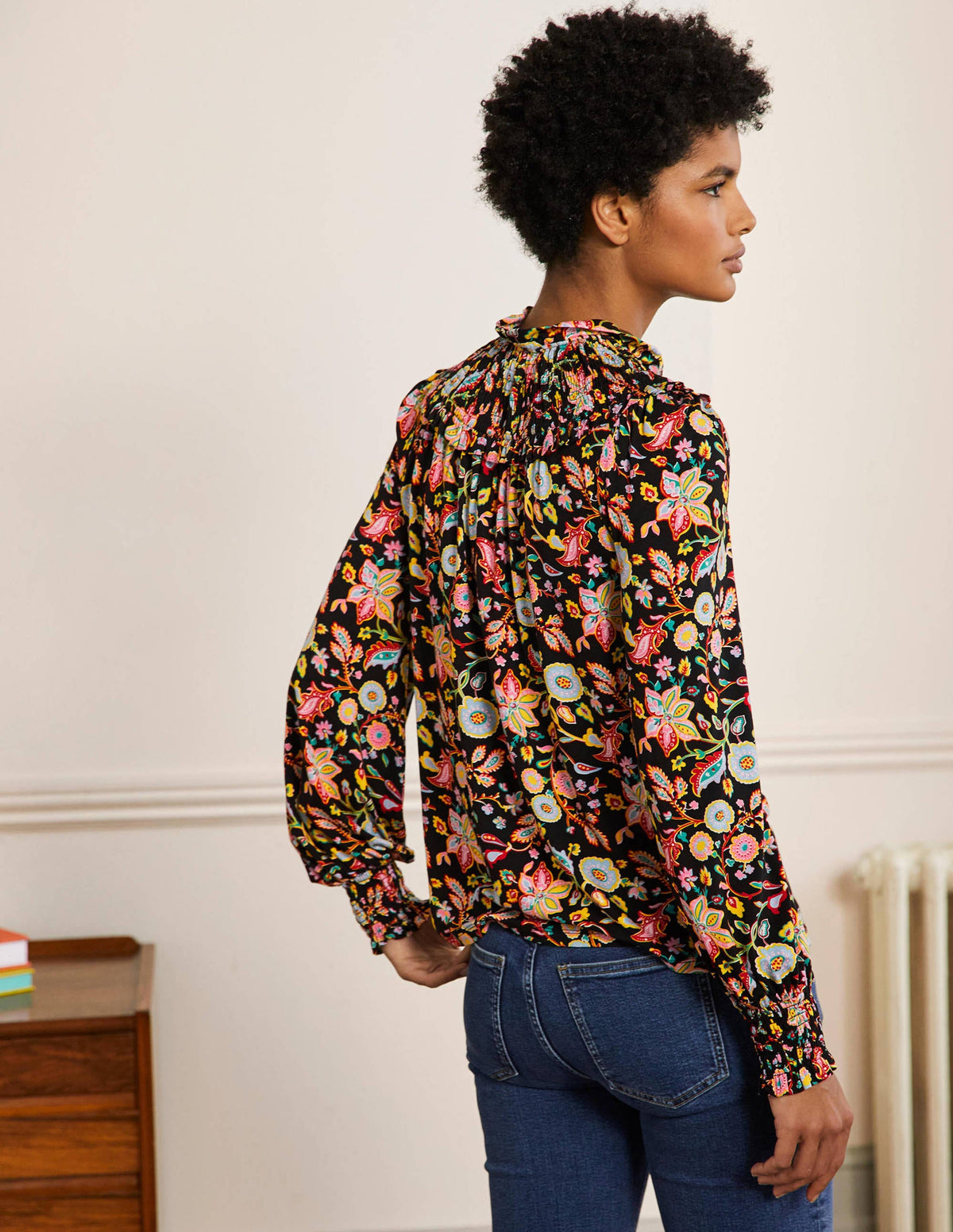 Smocked Neck Jersey Top-Black, Opulent Paradise - Image 3