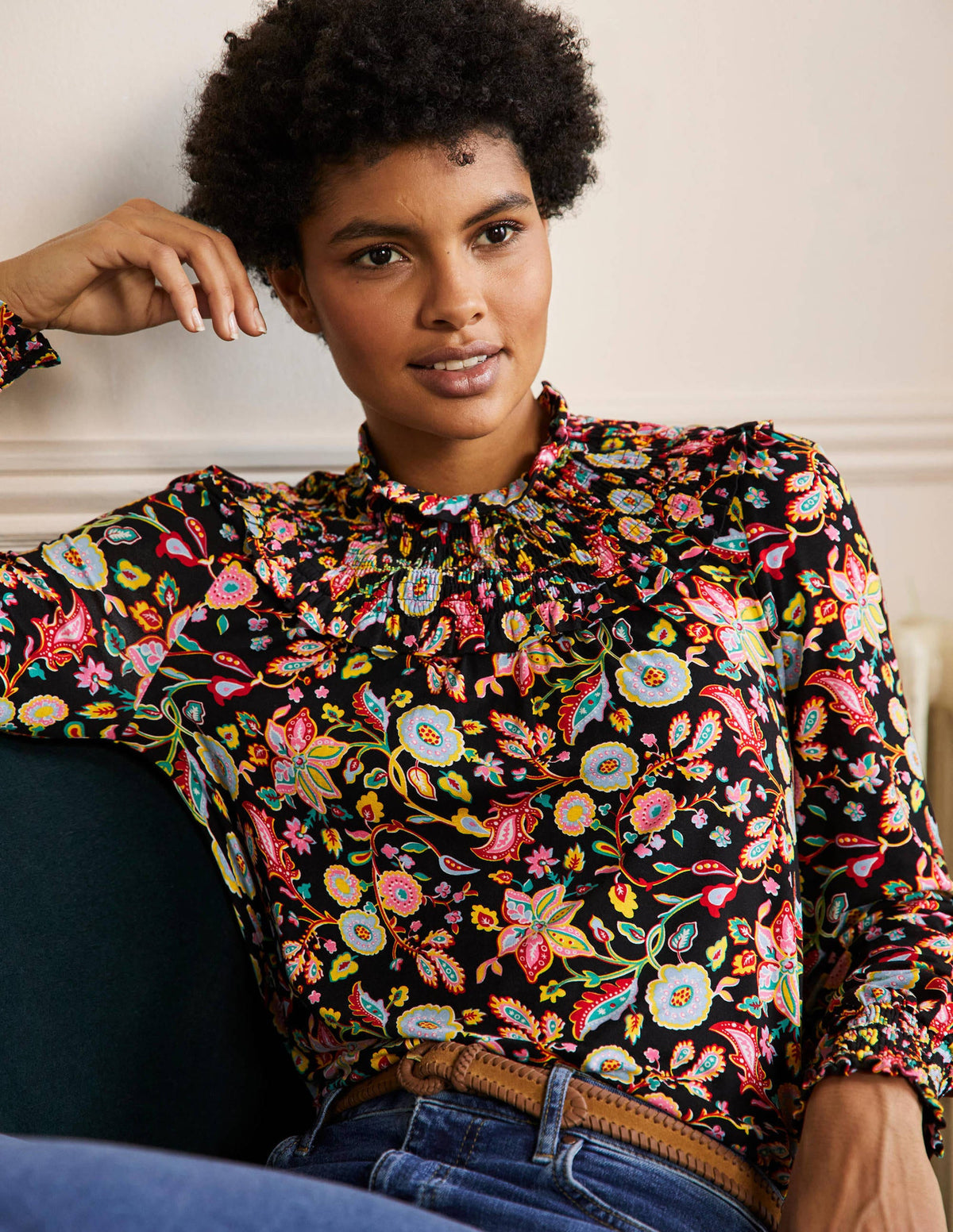 Smocked Neck Jersey Top-Black, Opulent Paradise - Image 4