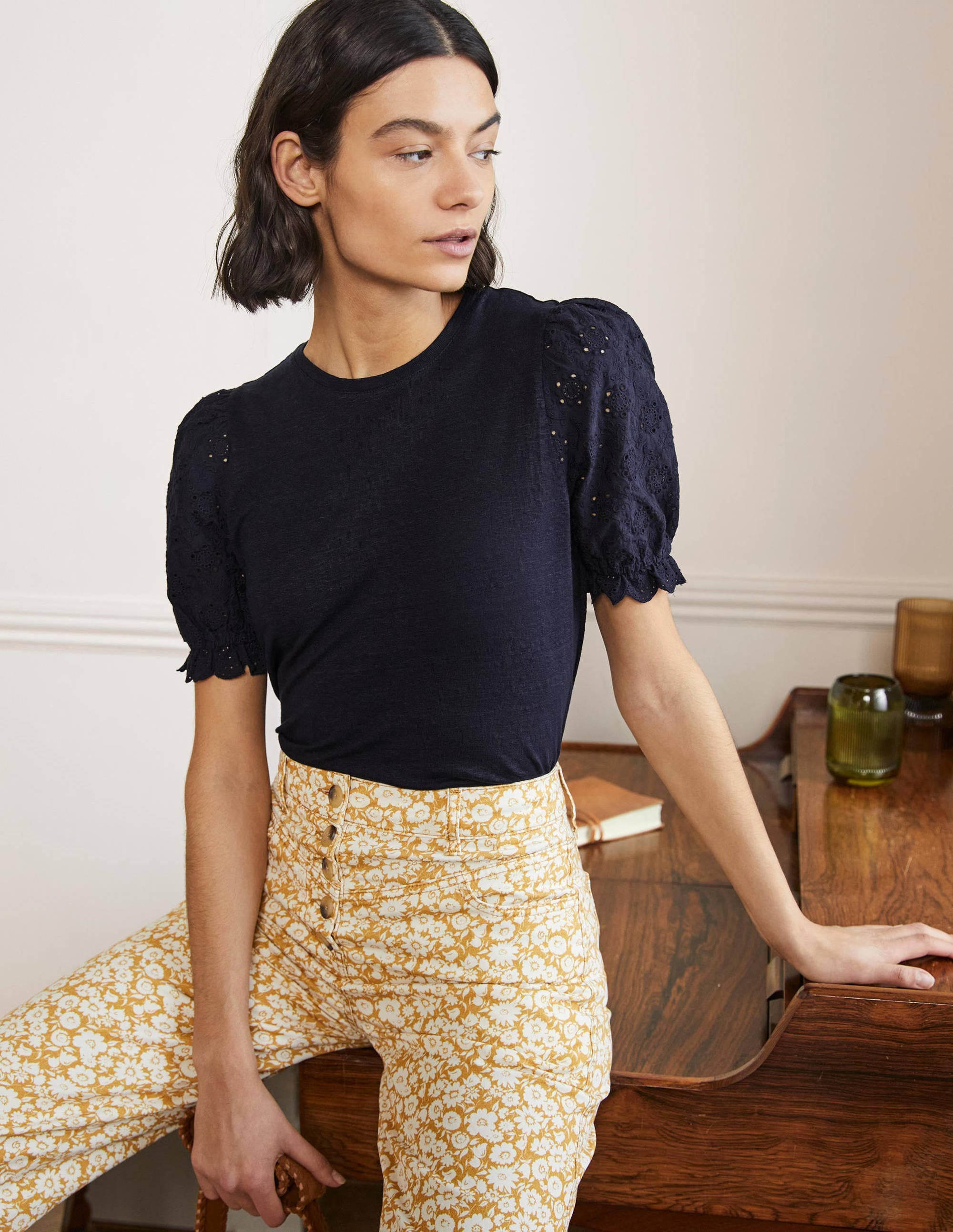 Broderie Sleeve Linen T-Shirt-Navy - Image 1
