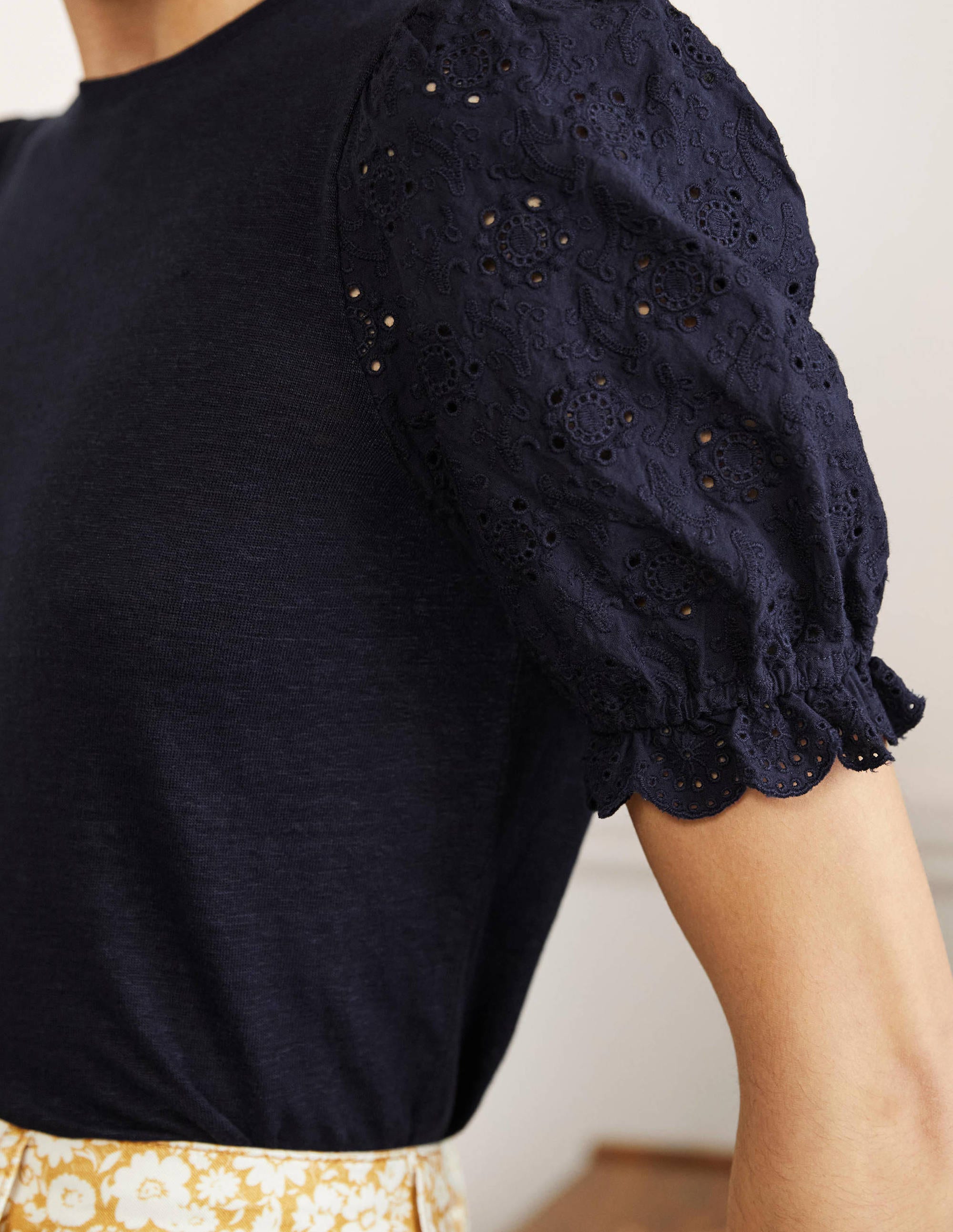 Broderie Sleeve Linen T-Shirt-Navy - Image 2