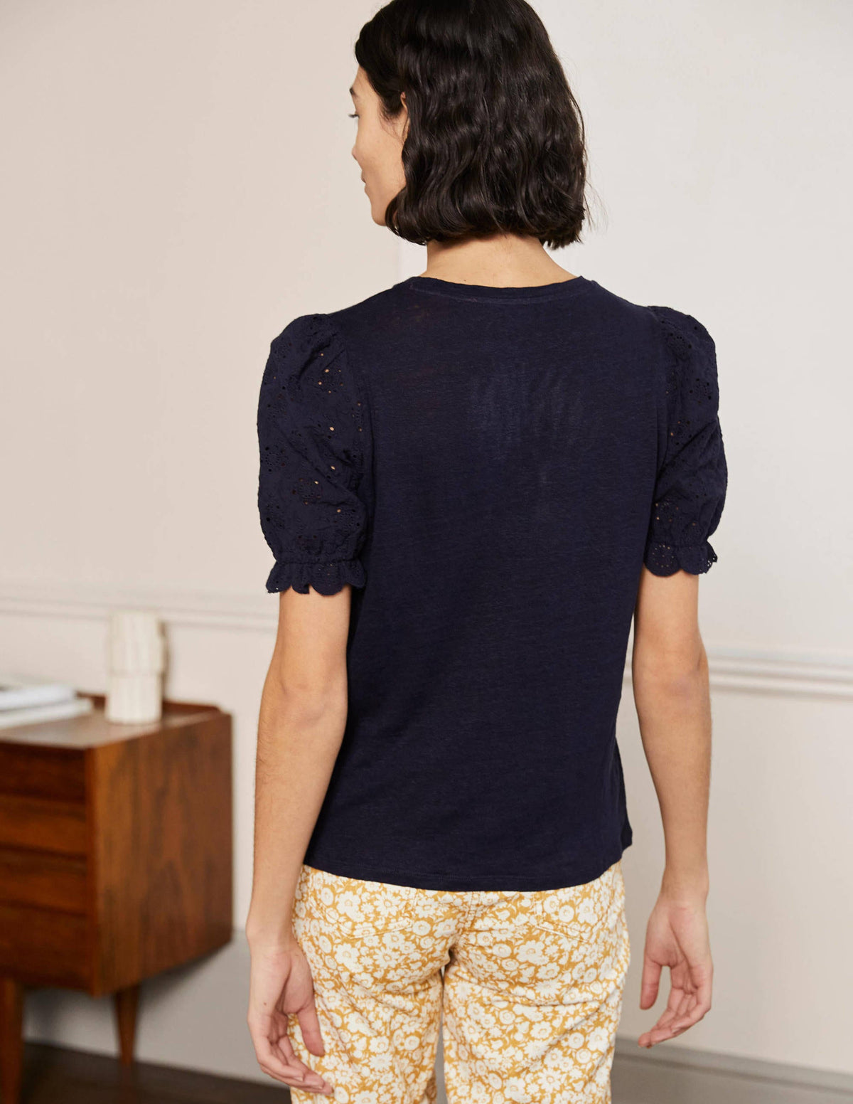 Broderie Sleeve Linen T-Shirt-Navy-3