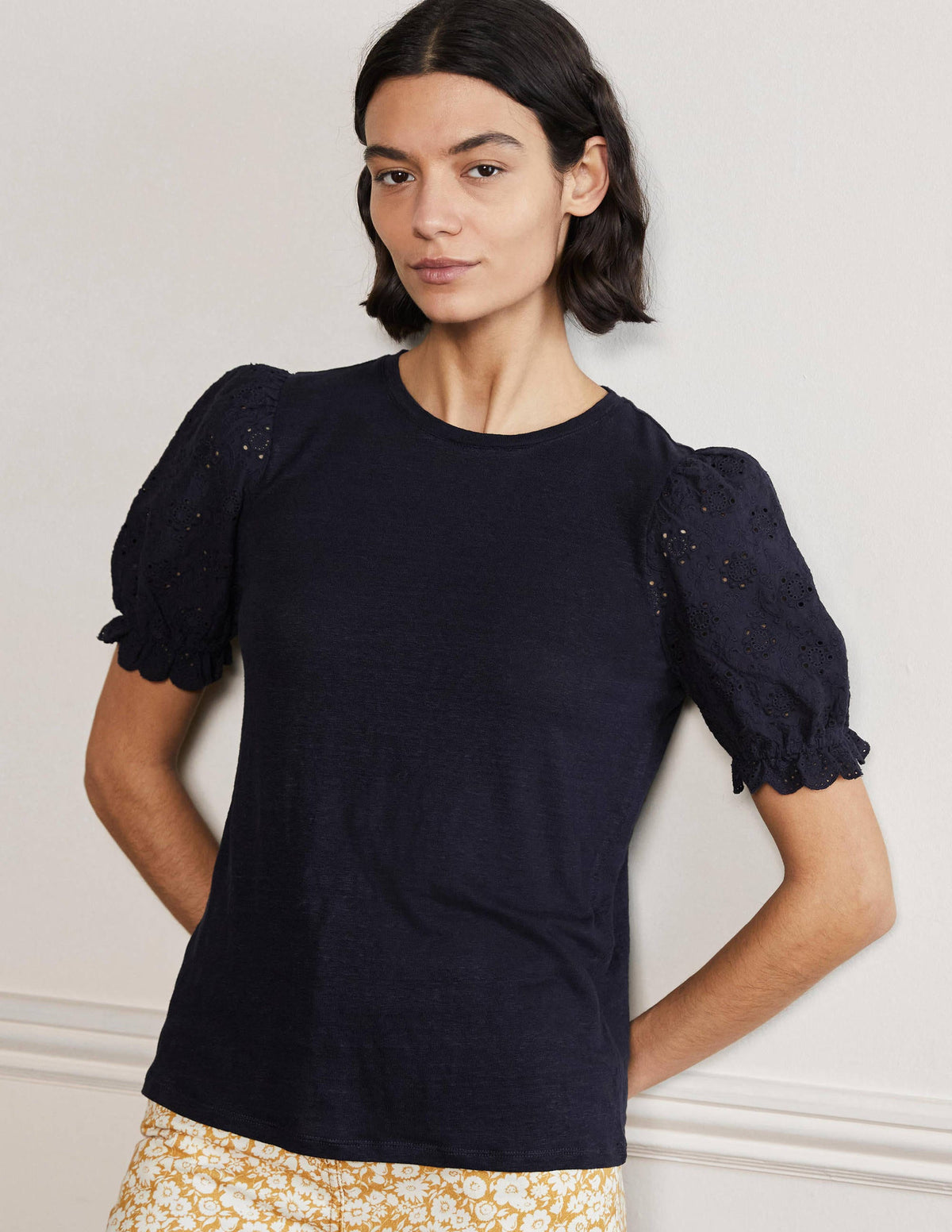 Broderie Sleeve Linen T-Shirt-Navy - Image 4