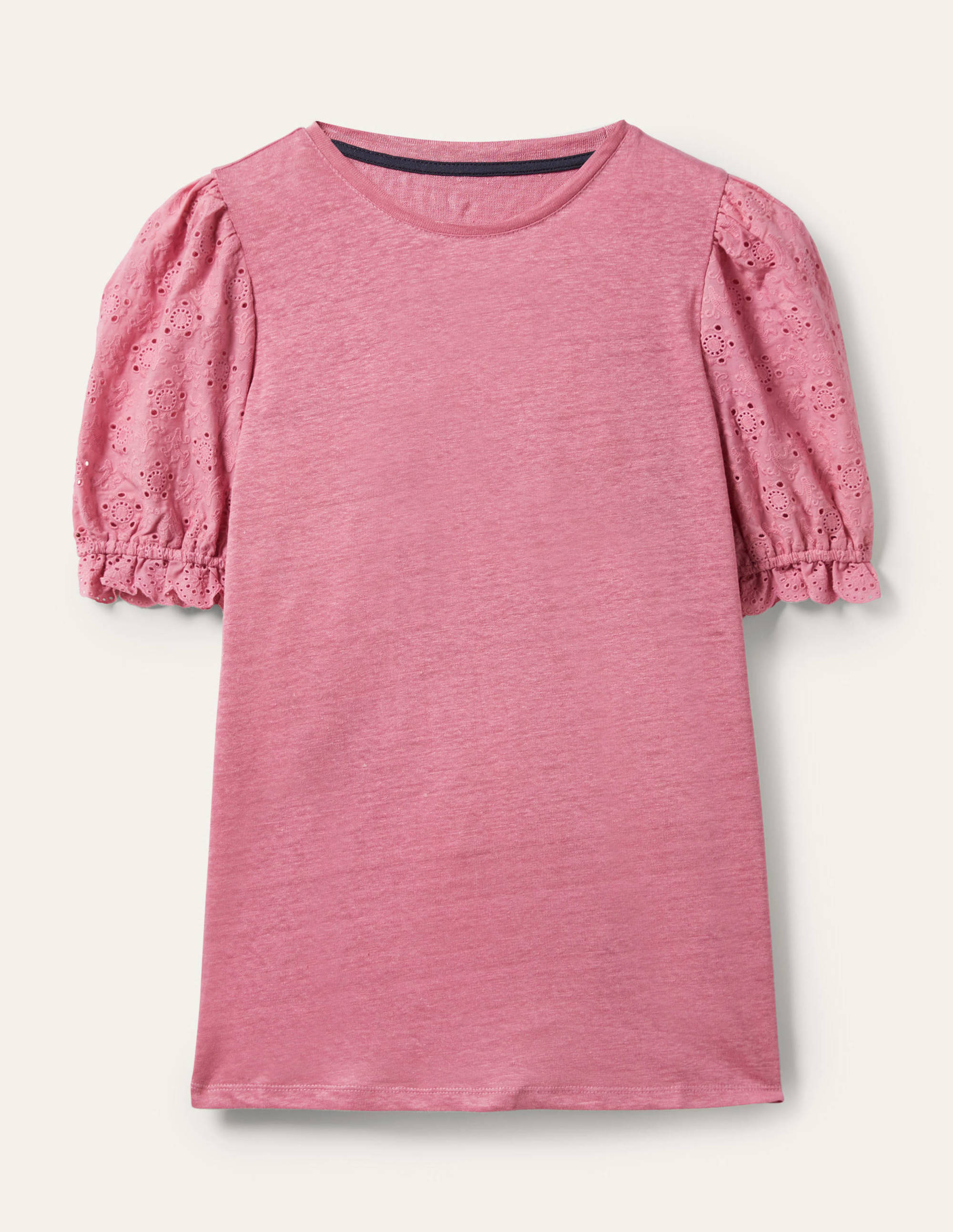 Broderie Sleeve Linen T-Shirt-Posy Pink - Image 5