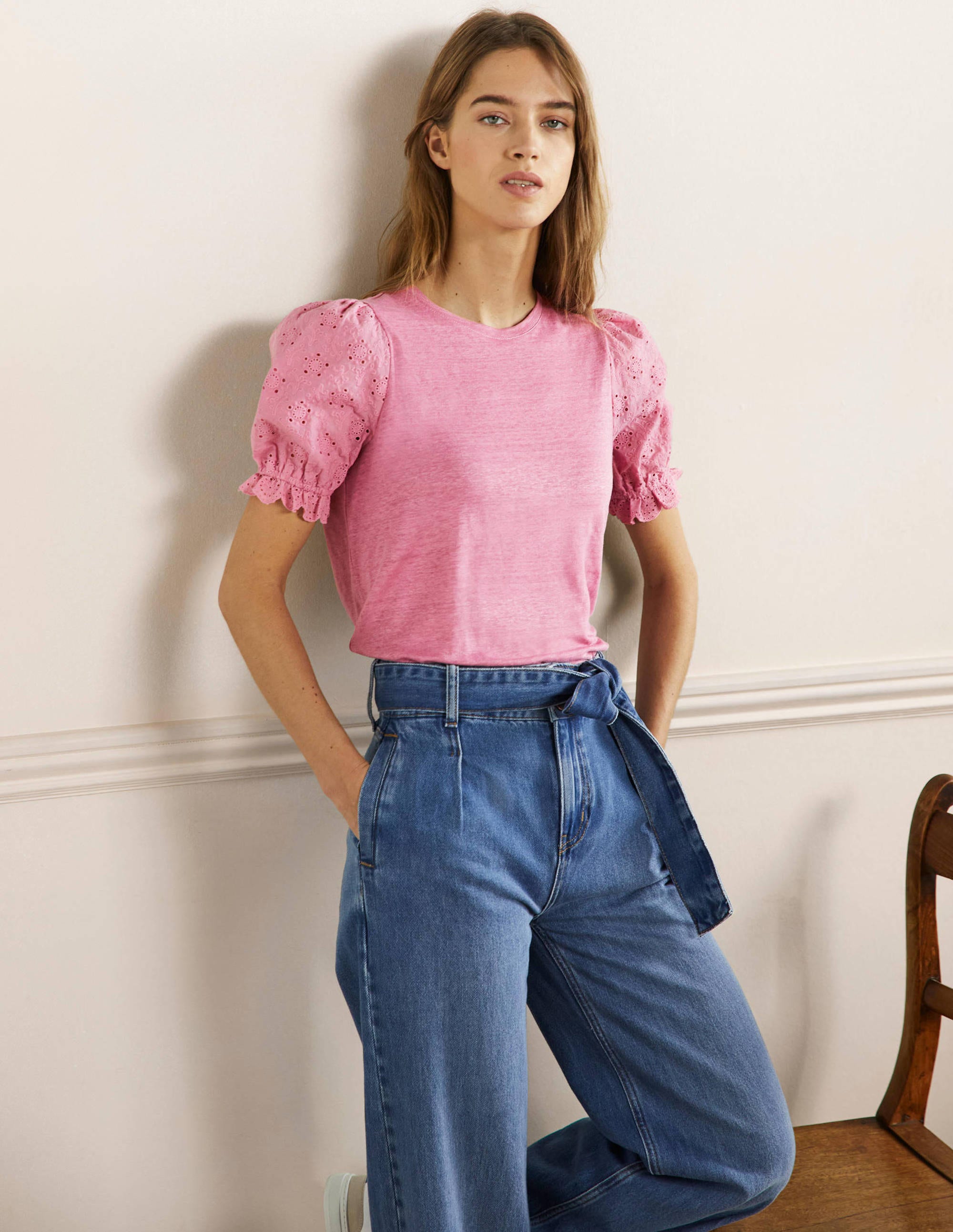 Broderie Sleeve Linen T-Shirt-Posy Pink - Image 4
