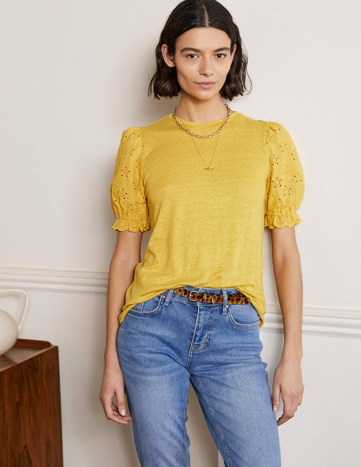 Broderie Sleeve Linen T-Shirt-Butter - Image 1