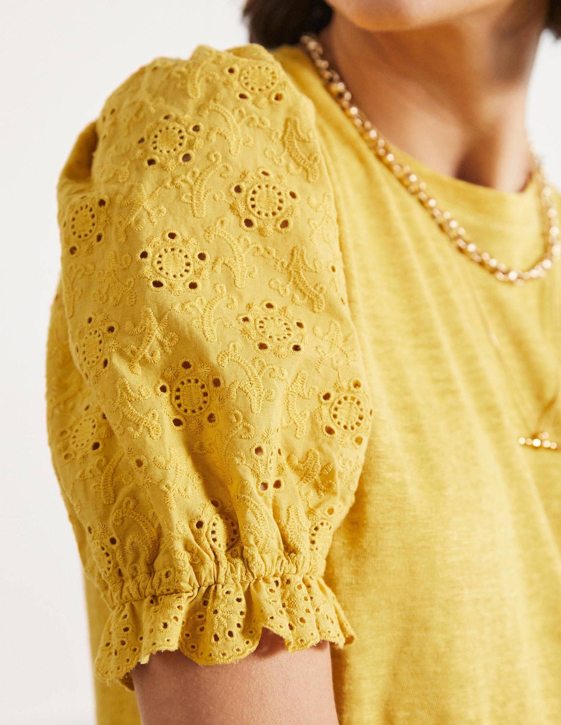 Broderie Sleeve Linen T-Shirt-Butter-2