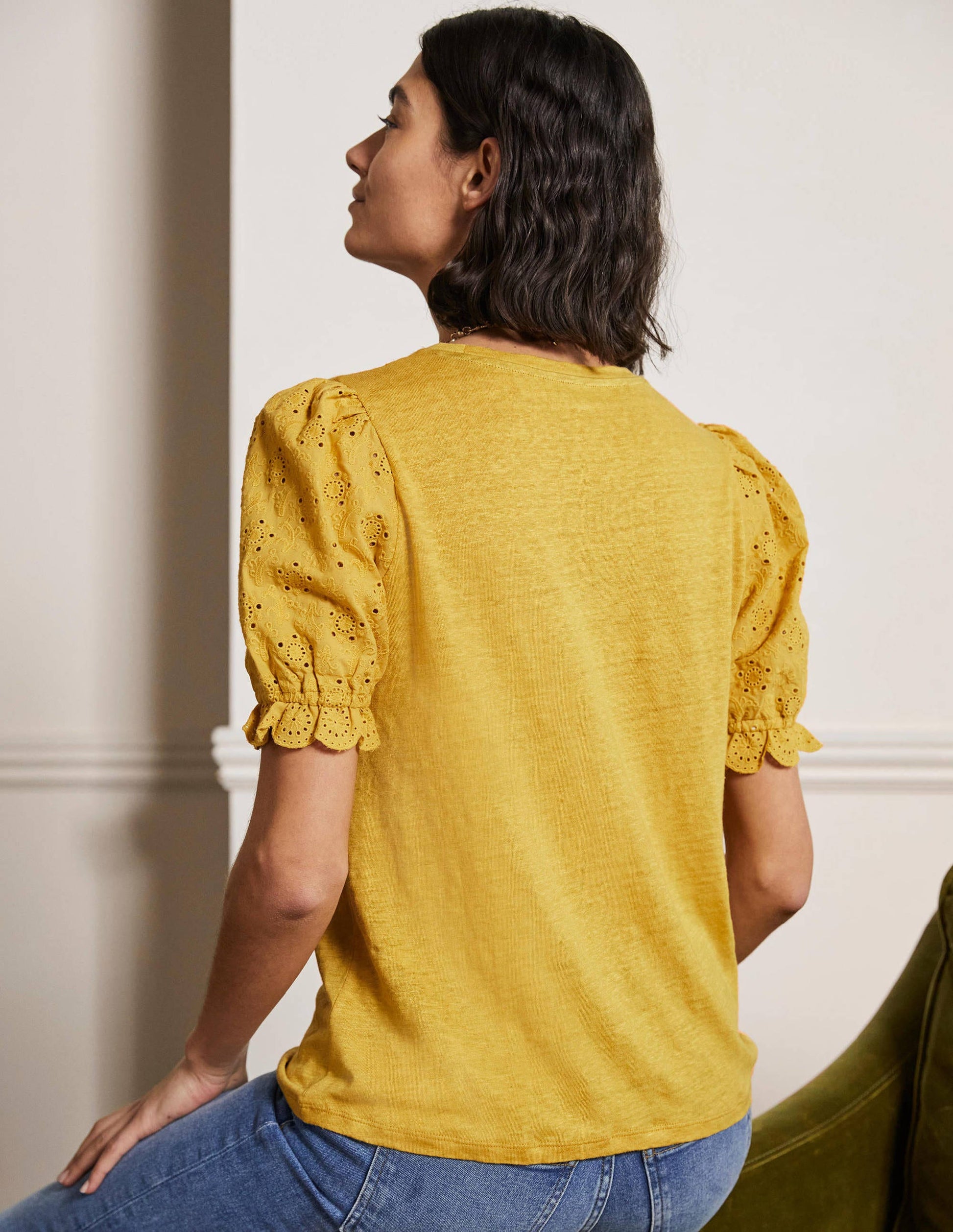 Broderie Sleeve Linen T-Shirt-Butter-3