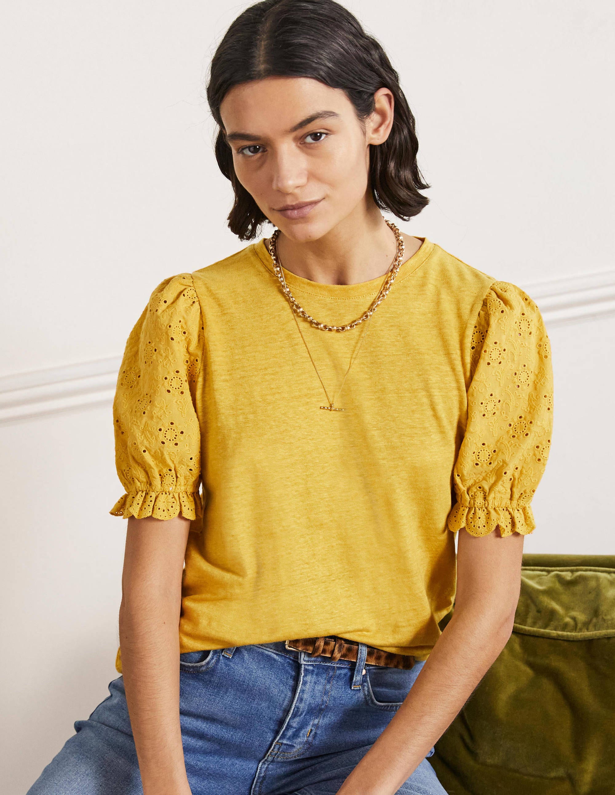 Broderie Sleeve Linen T-Shirt-Butter - Image 4