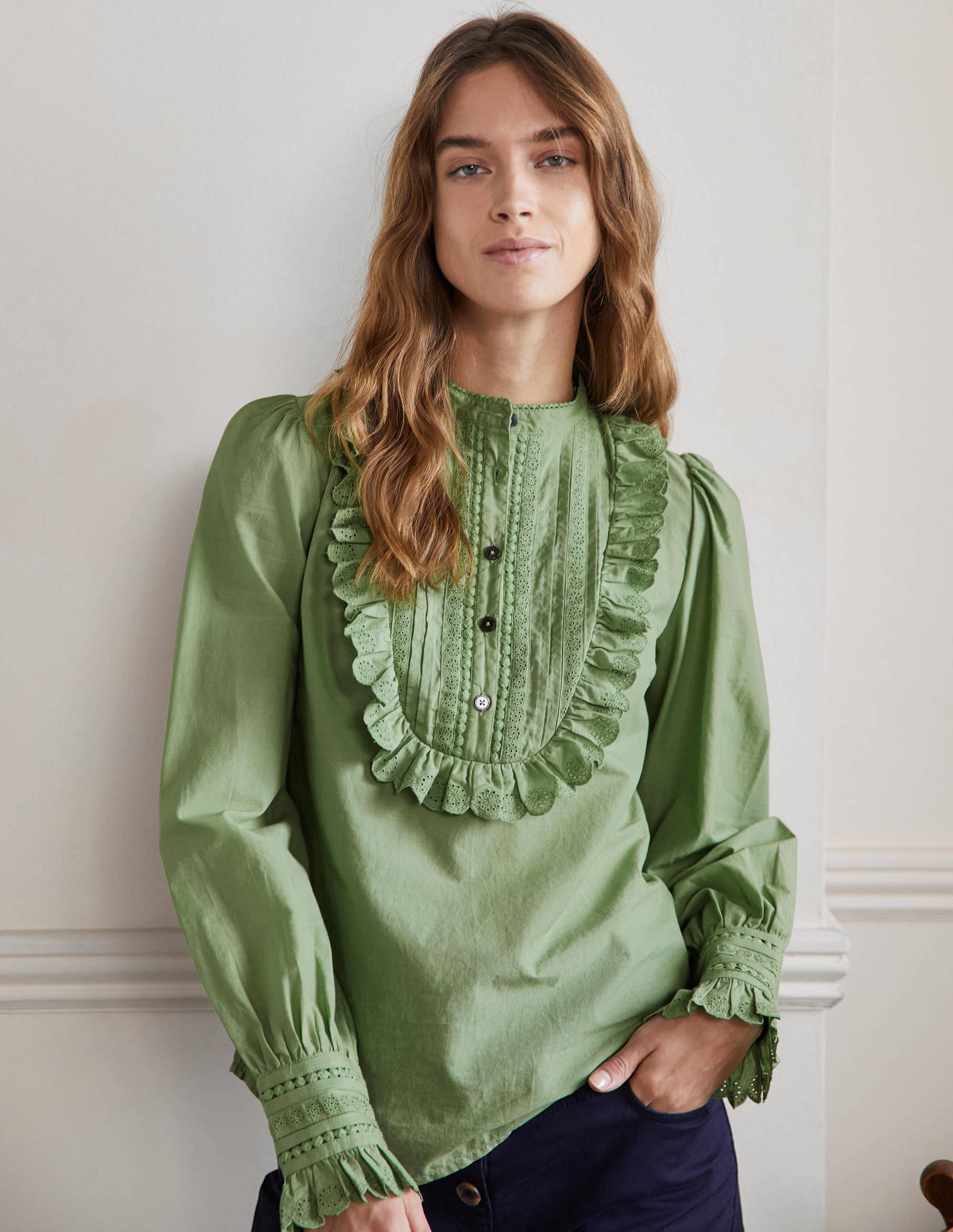 Frilly Popover Blouse-Basil - Image 1