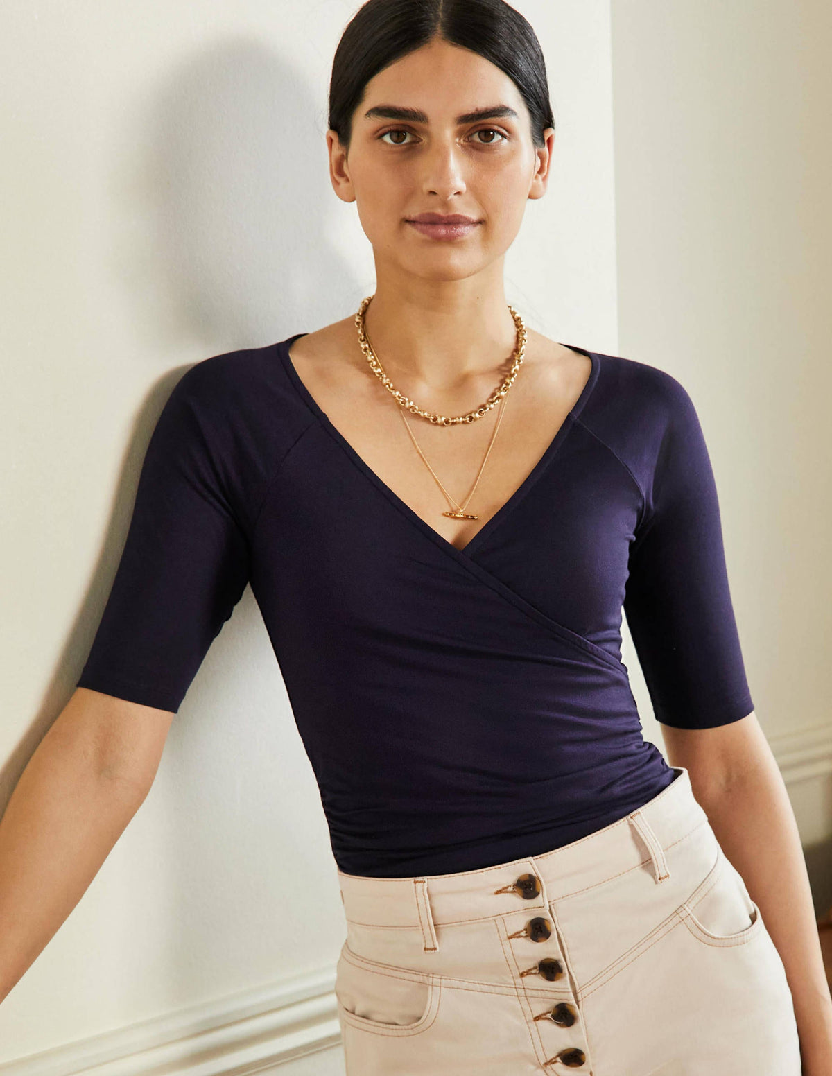 Short Sleeve Wrap Top-Navy - Image 1