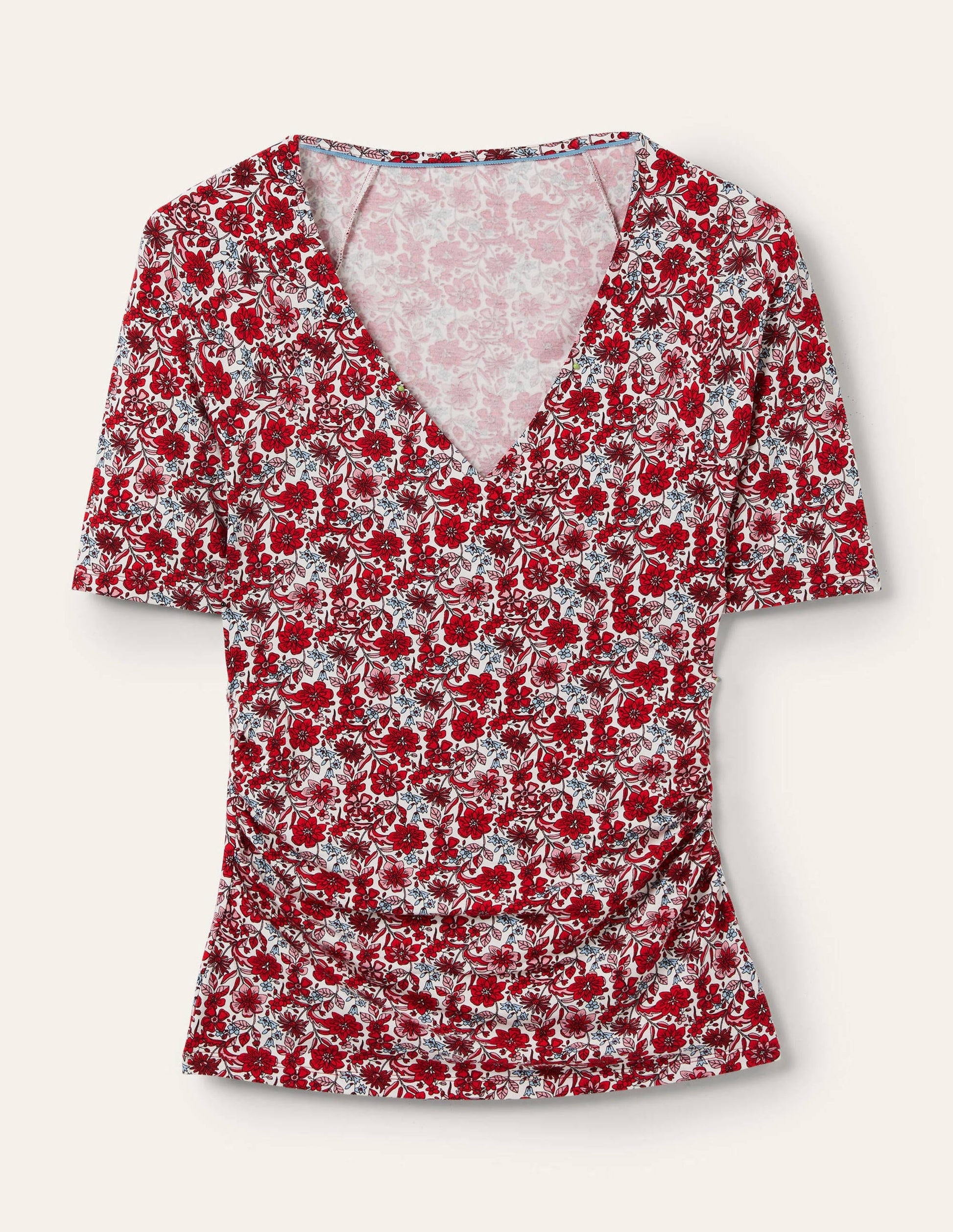Short Sleeve Wrap Top-Red / Dusty Blue, Floret Bloom-5