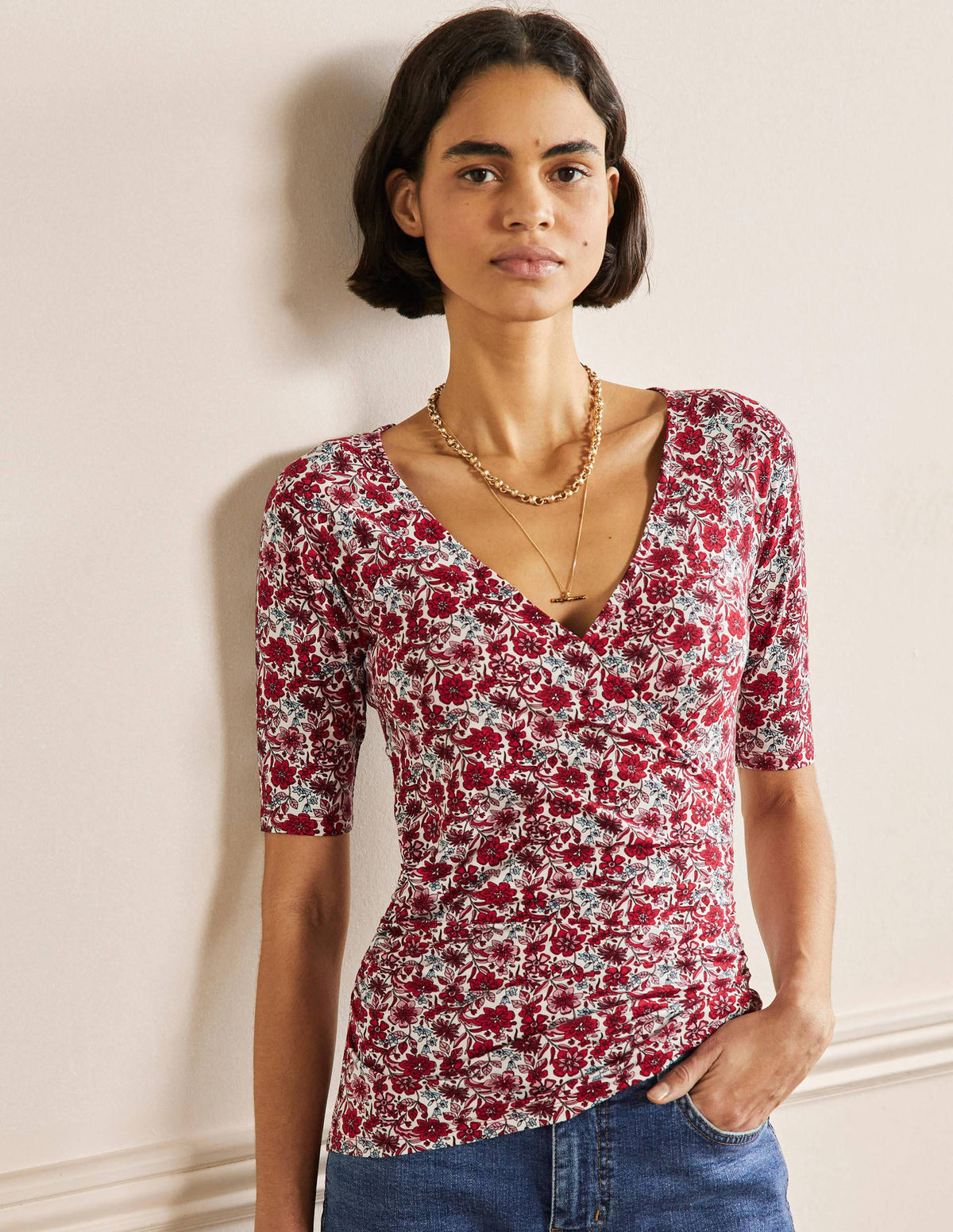 Short Sleeve Wrap Top-Red / Dusty Blue, Floret Bloom-1