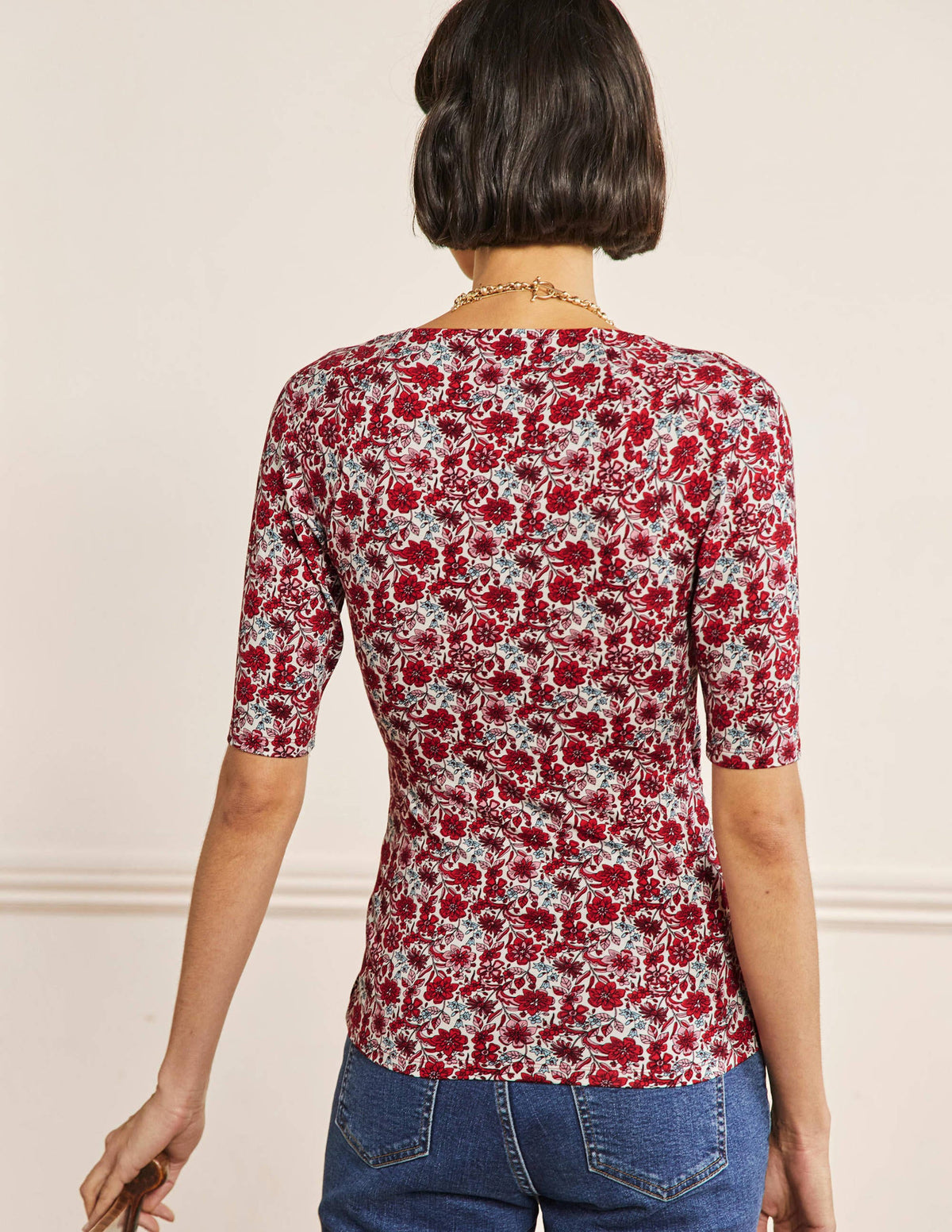Short Sleeve Wrap Top-Red / Dusty Blue, Floret Bloom-3