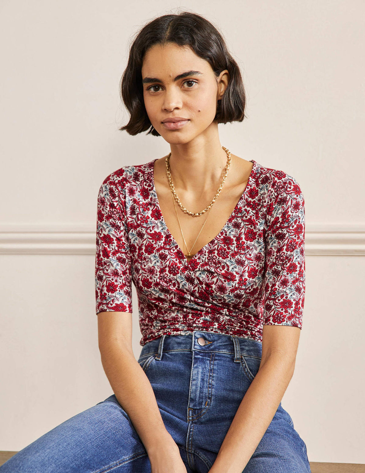 Short Sleeve Wrap Top-Red / Dusty Blue, Floret Bloom-4