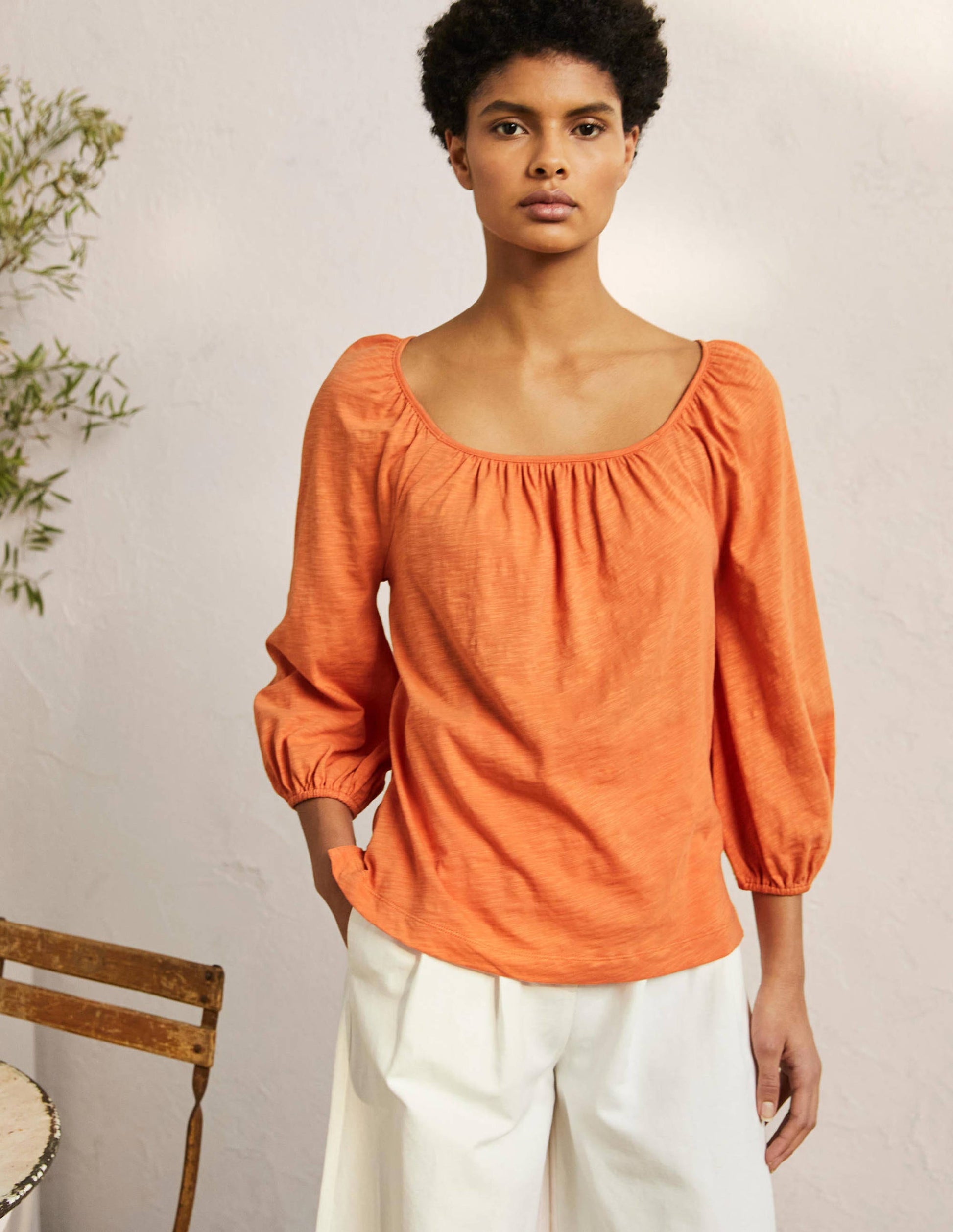 Blouson Sleeve Cotton Top-Dusty Orange-4