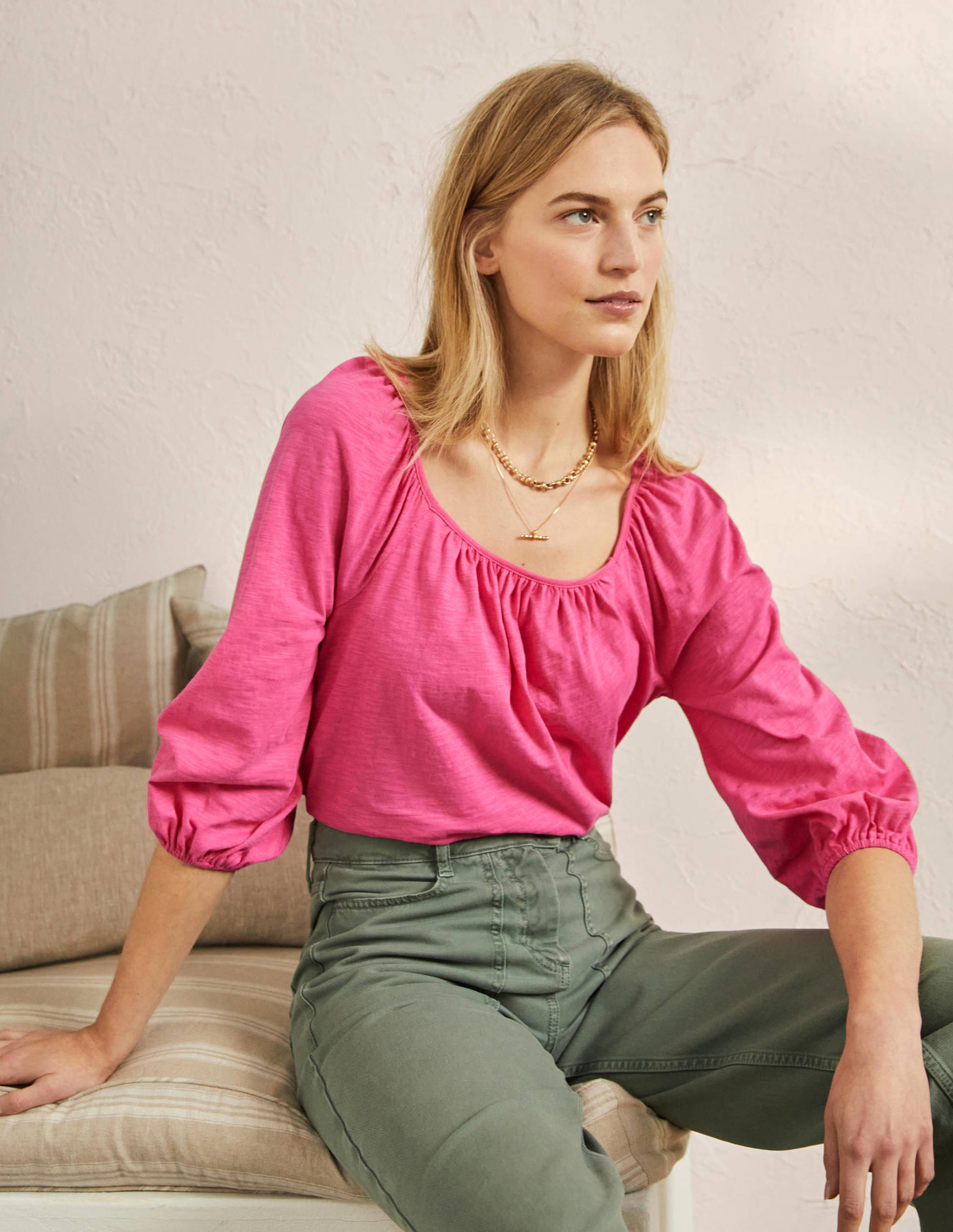 Blouson Sleeve Cotton Top-Festival Pink - Image 1