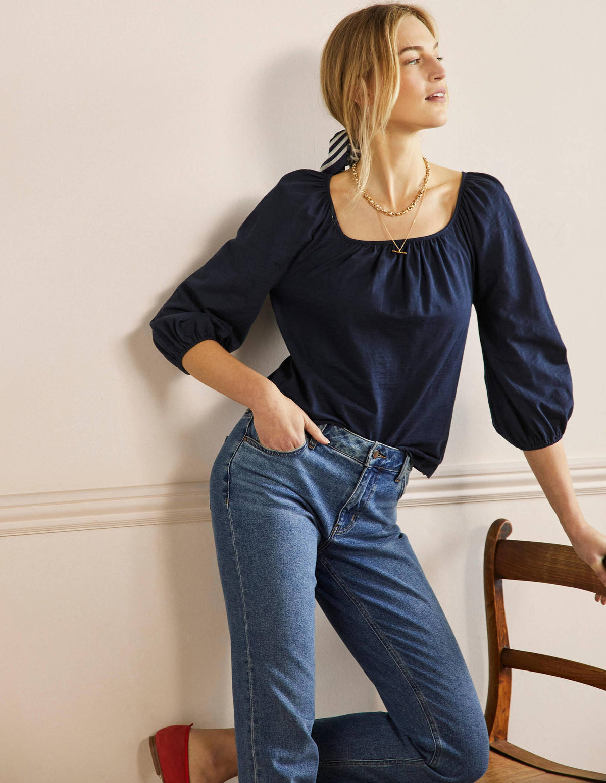 Blouson Sleeve Cotton Top-Navy - Image 1