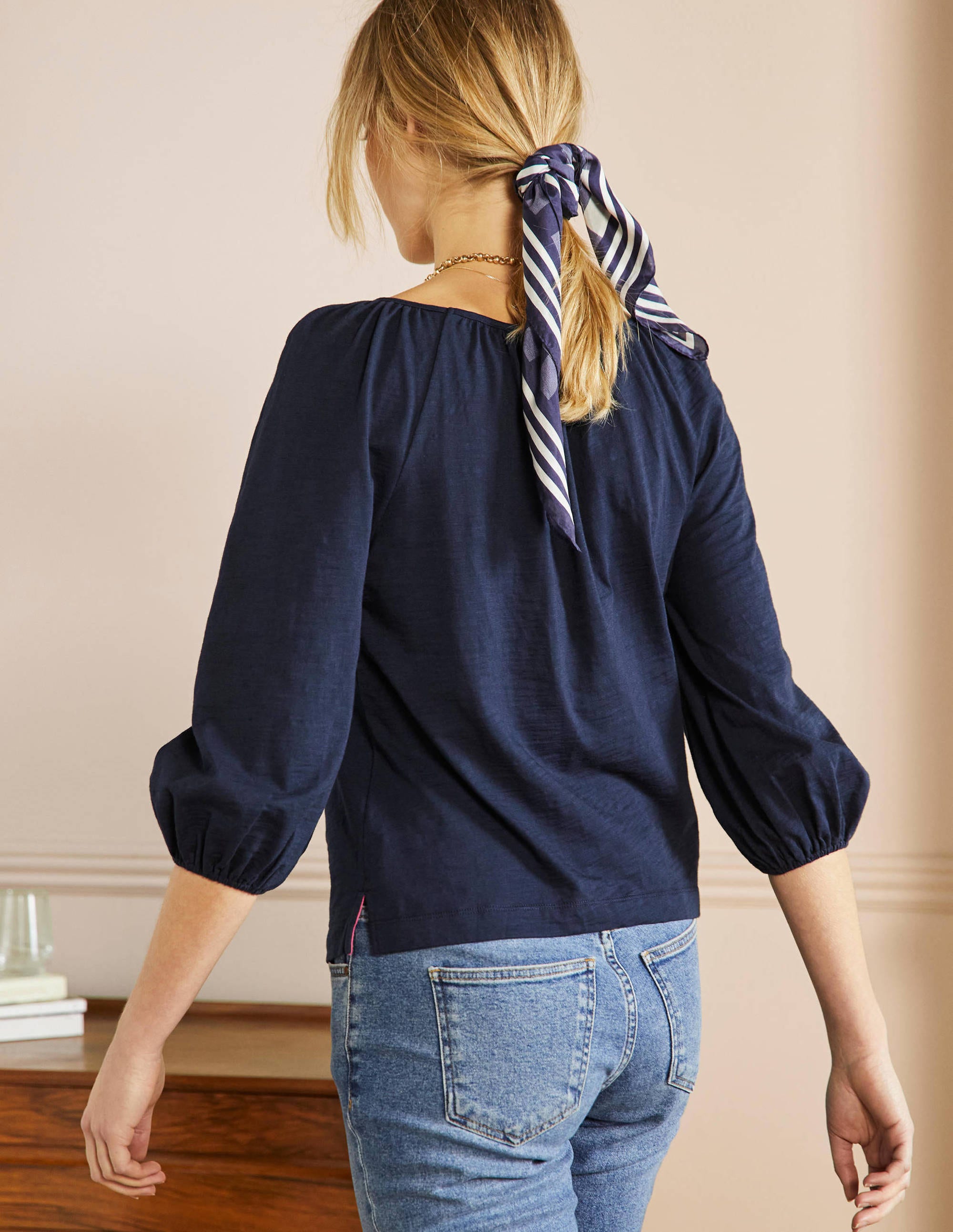 Blouson Sleeve Cotton Top-Navy - Image 3