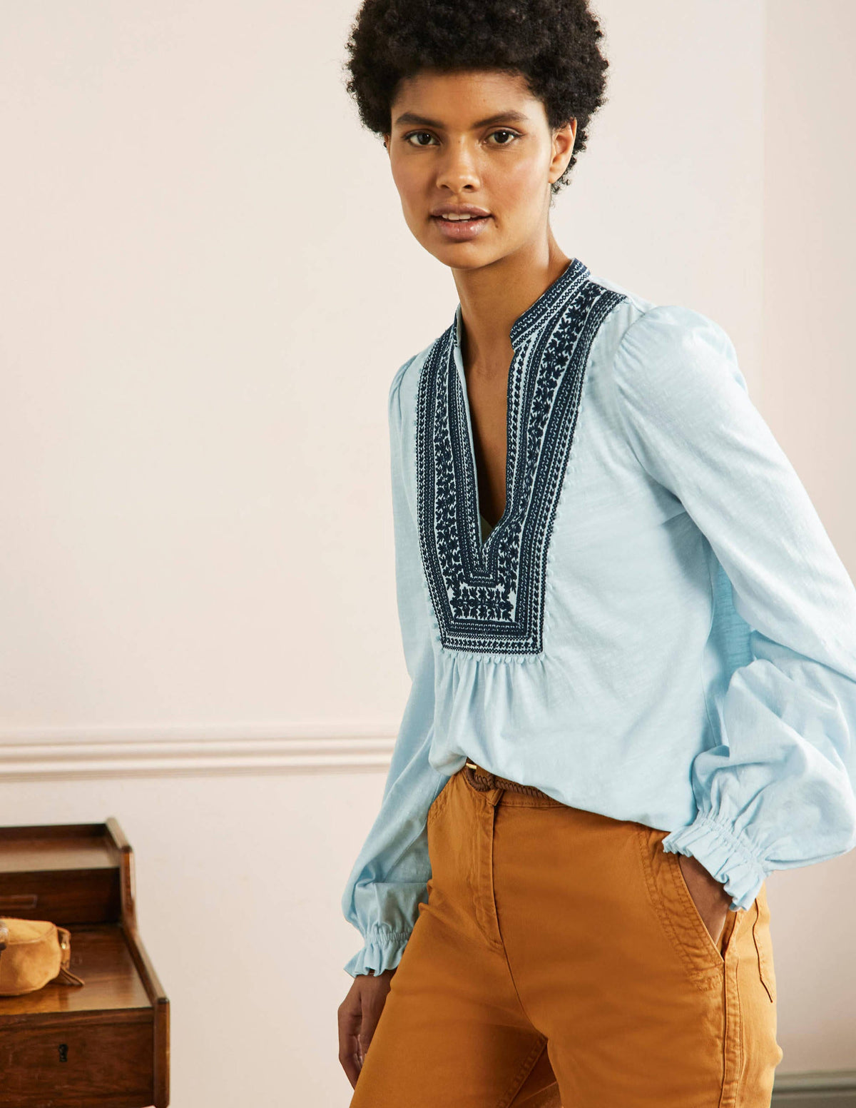 Embroidered Notch Neck Top-Dawn Sky, Embroidered - Image 1