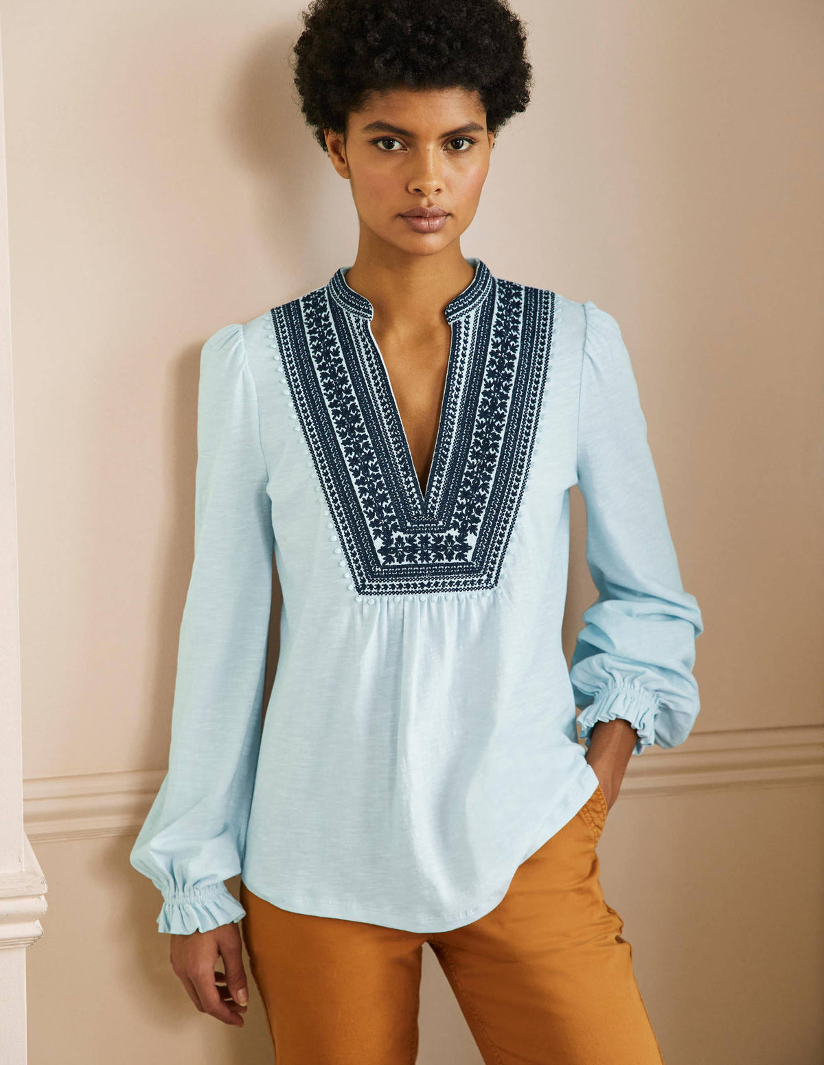 Embroidered Notch Neck Top-Dawn Sky, Embroidered - Image 4