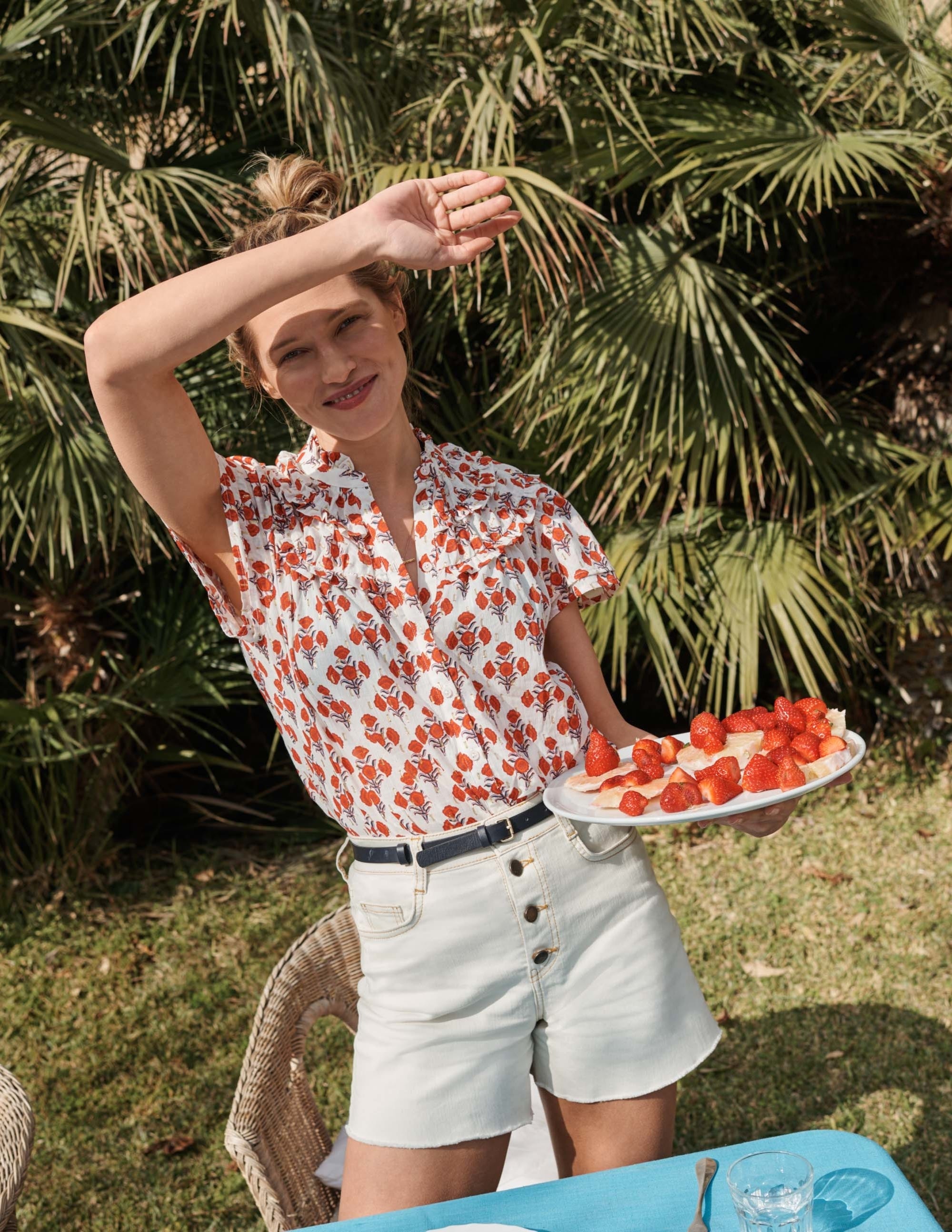 Ruched Detail Metallic Blouse-Chili Oil, Poppy Geo - Image 7