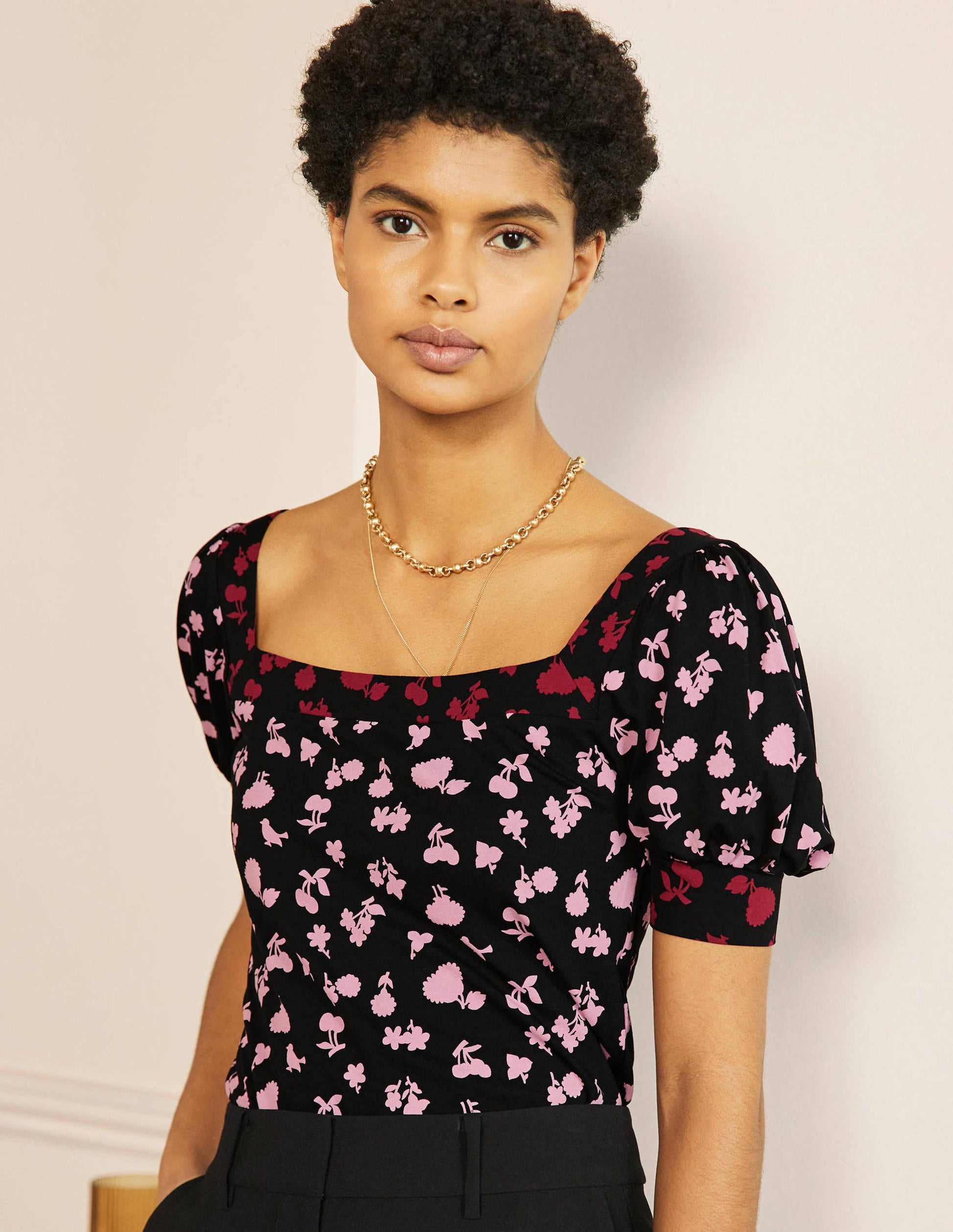 Eva Square Neck Jersey Top-Black and Formica Woodland Bud-1