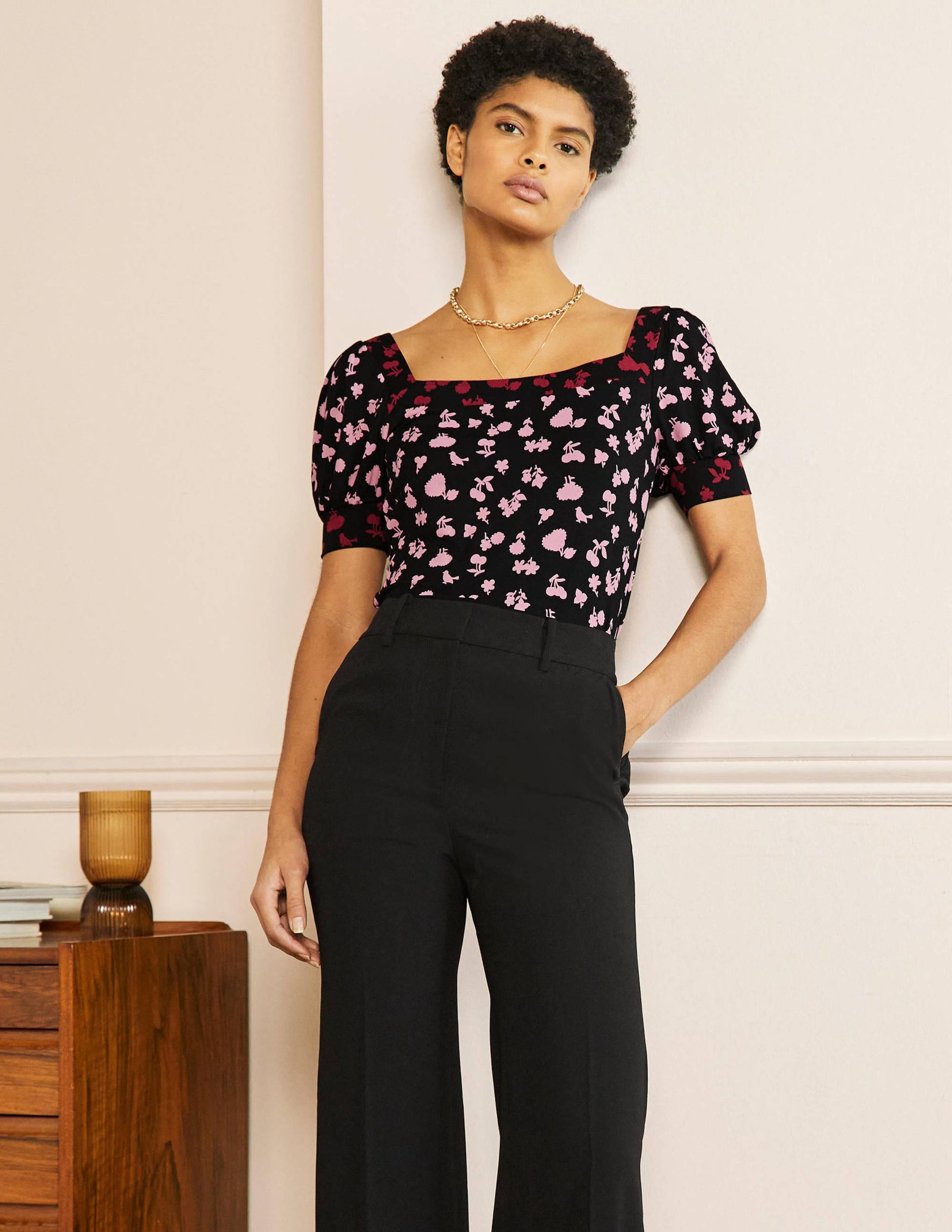 Eva Square Neck Jersey Top-Black and Formica Woodland Bud-4