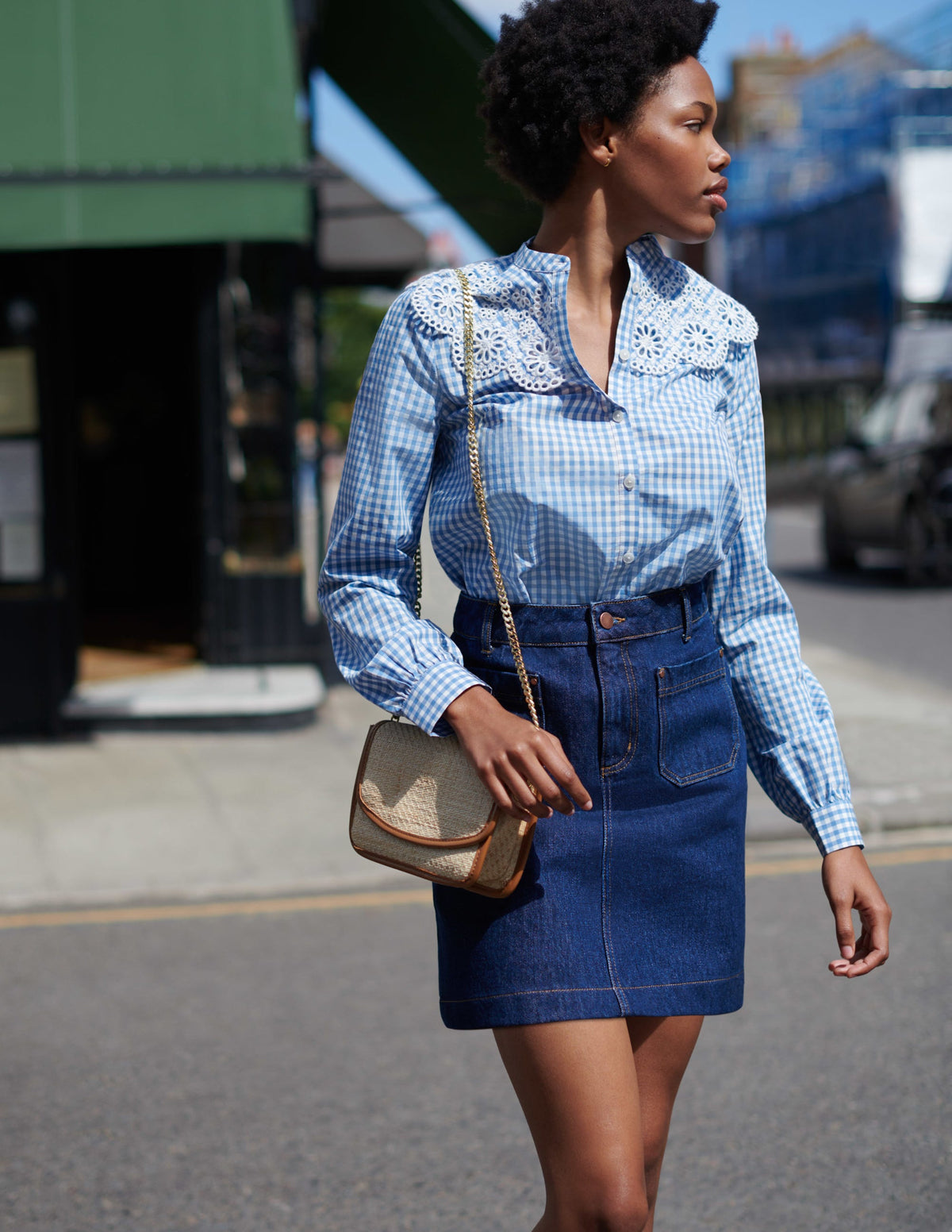 Broderie Collar Shirt-Blue, Gingham - Image 6
