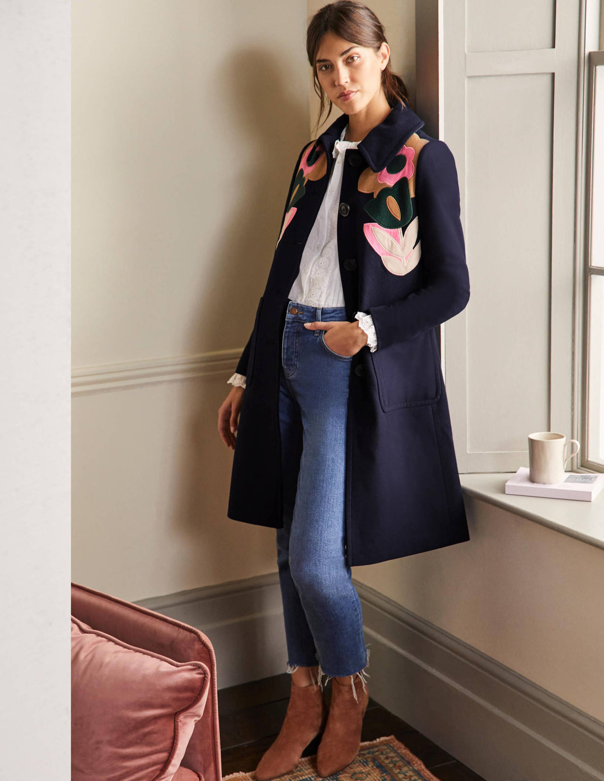 Amelia Appliqué Wool Coat-Navy - Image 1