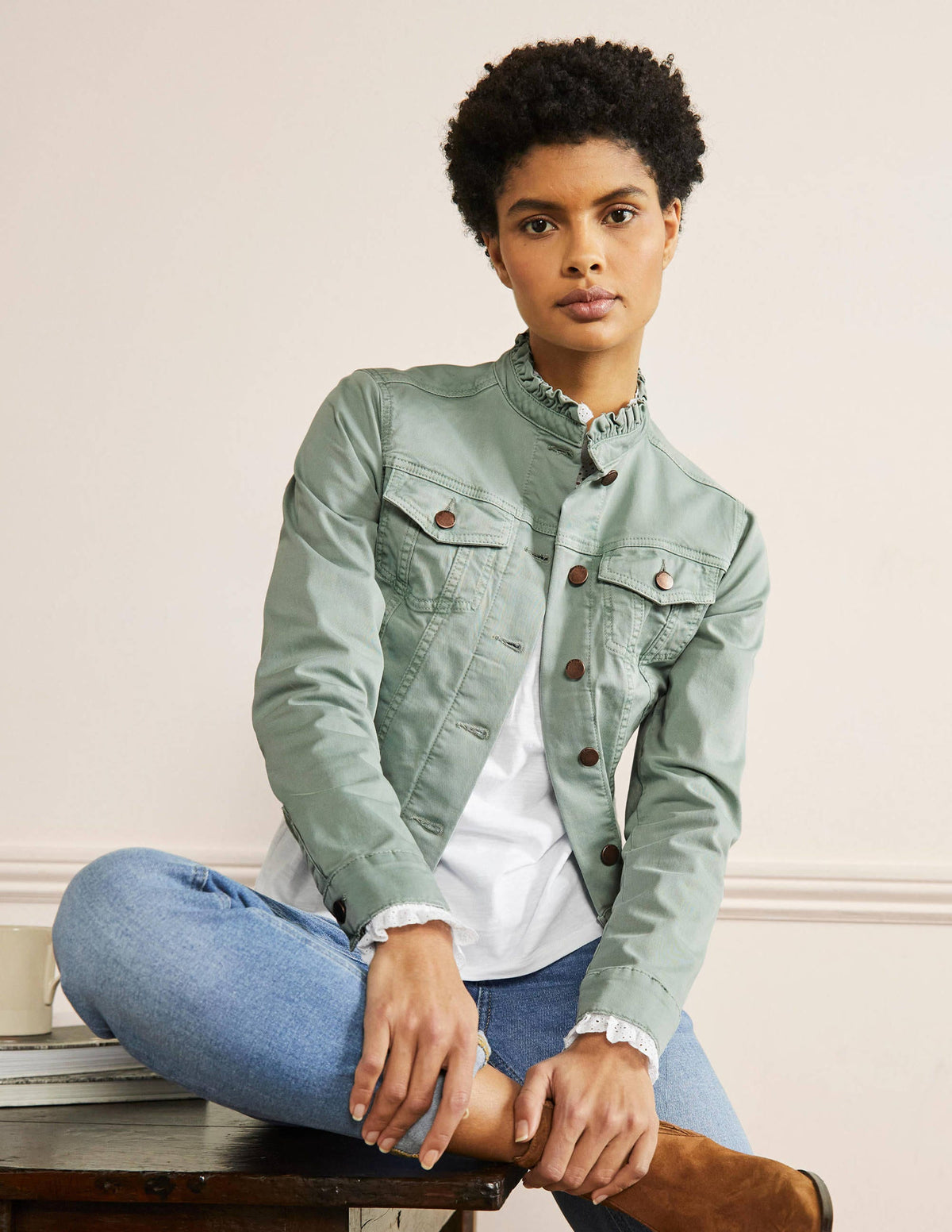 Carla Ruffle Collar Jacket-Iceberg Green - Image 1