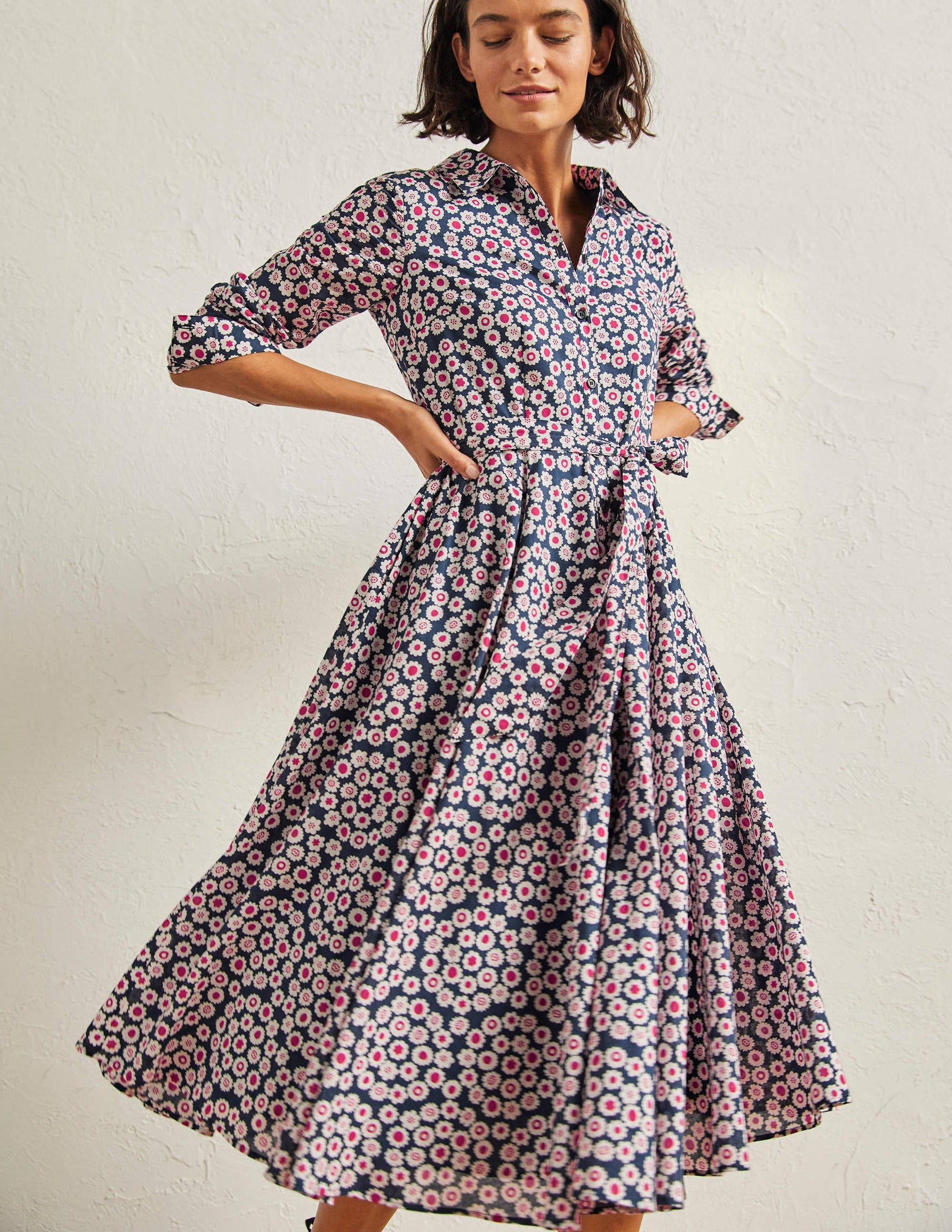 Kitty Midi Shirt Dress-French Navy, Ditsy Swirl-1