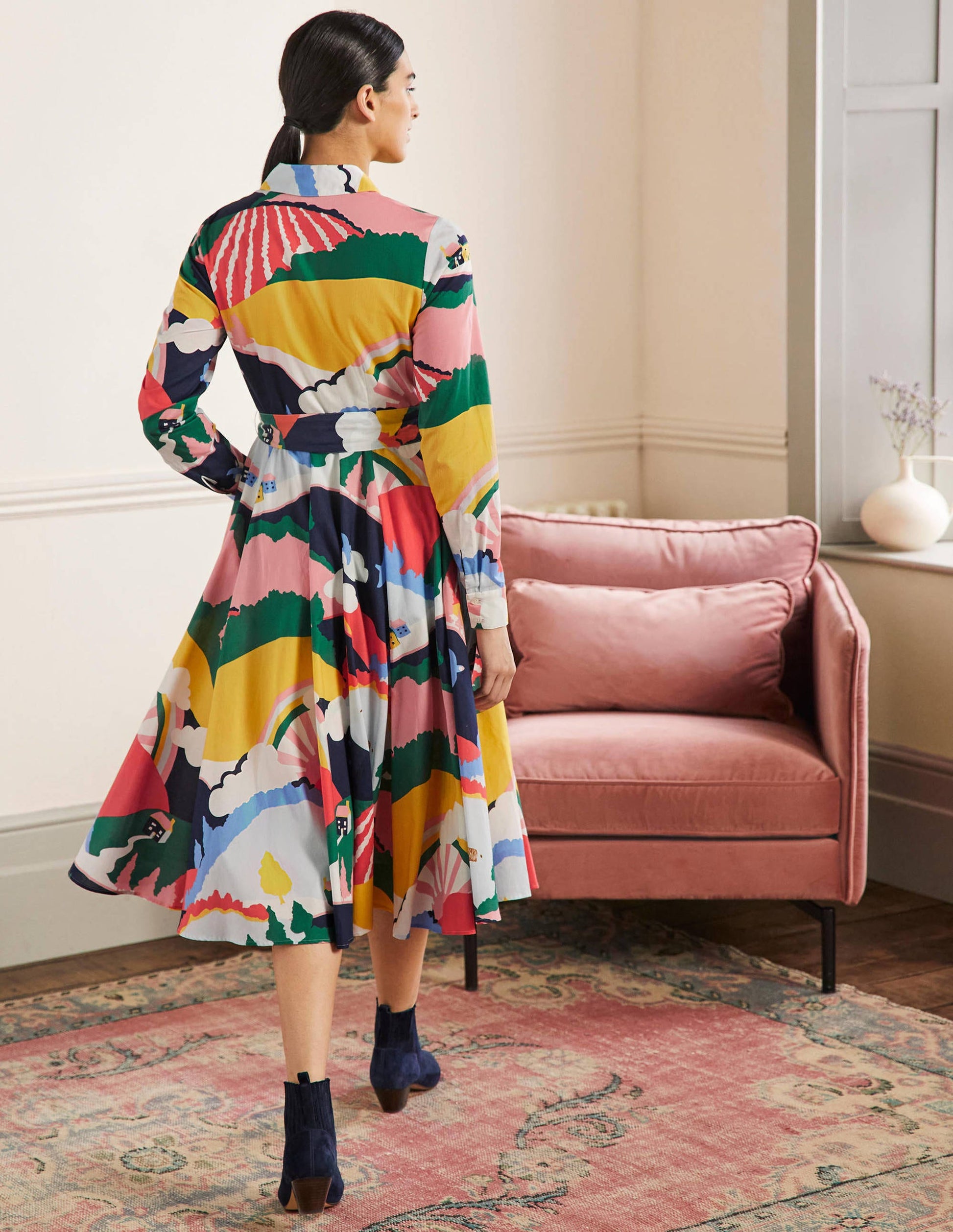 Kitty Midi Shirt Dress-French Navy, Scenic Meadow-3