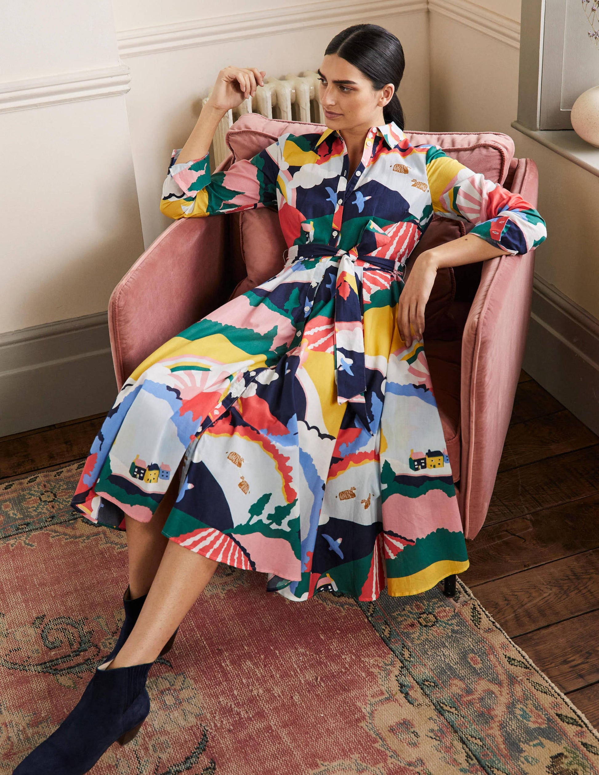 Kitty Midi Shirt Dress-French Navy, Scenic Meadow-4