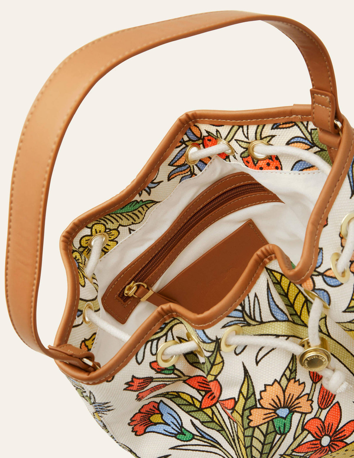 Canvas Drawstring Bucket Bag-Ivory, Tropic Meadow - Image 3