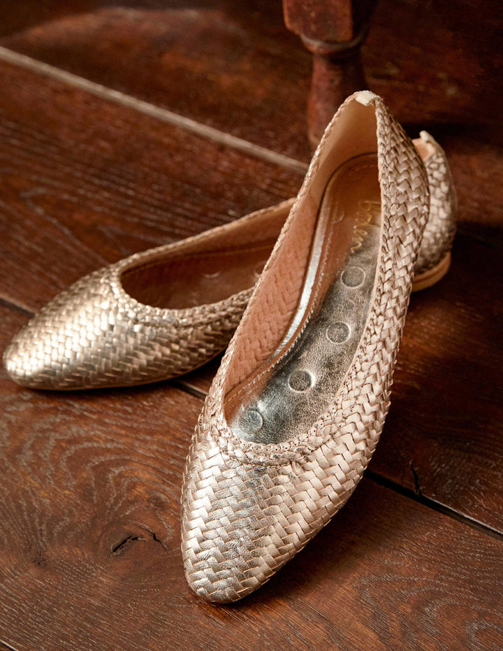 Almond Toe Ballerinas-Metallic Gold Woven