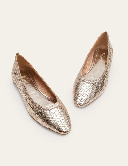 Almond Toe Ballerinas-Metallic Gold Woven-2