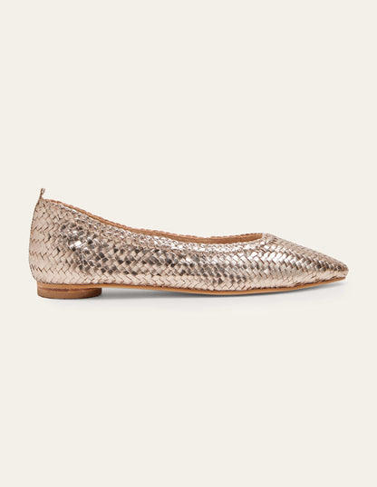 Almond Toe Ballerinas-Metallic Gold Woven-3
