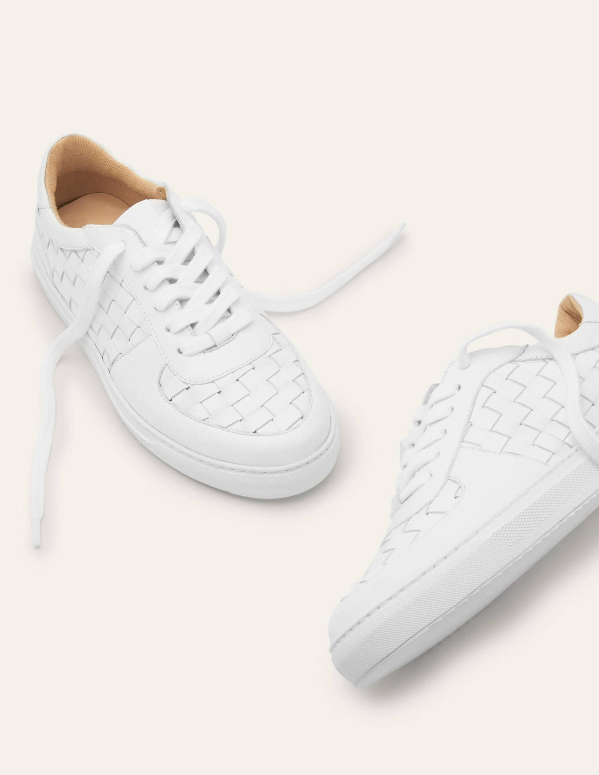 Lace Up Leather Trainers-White Woven - Image 1