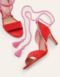 Suede Ankle Tie Heeled Sandals-Dragon Red