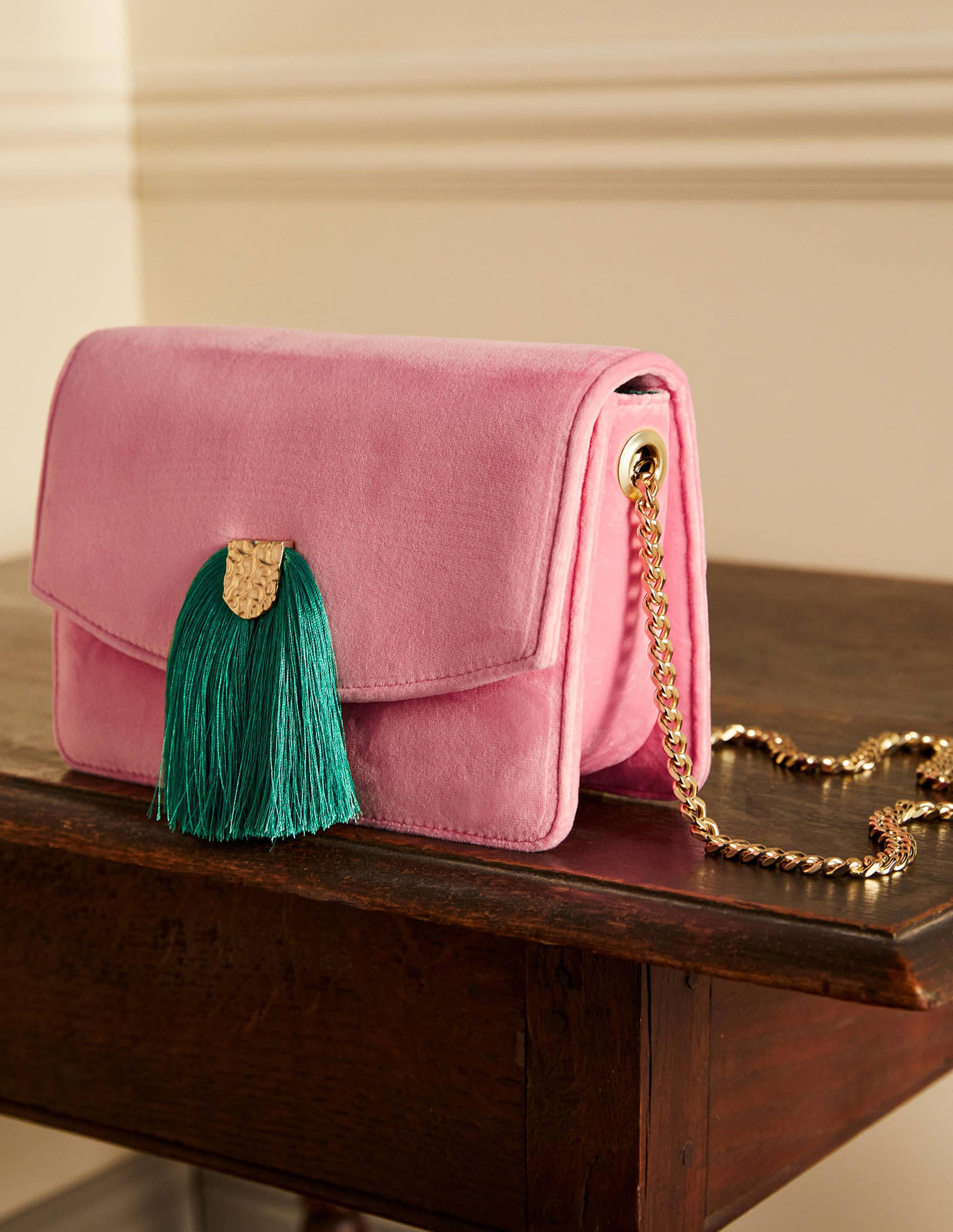 Velvet Tassel Crossbody Bag-Sachet Pink/Ming Green - Image 1