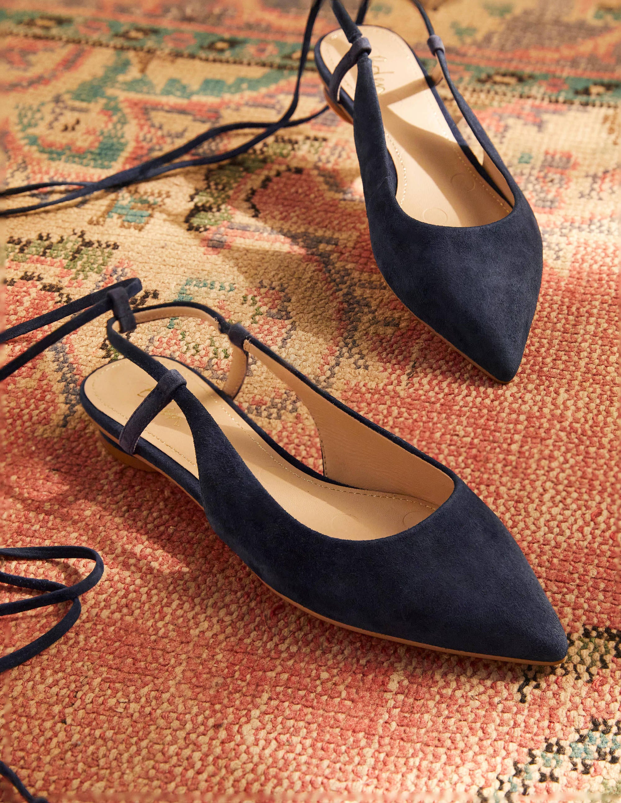 Ankle Tie Pointed Flats-Navy Suede - Image 1