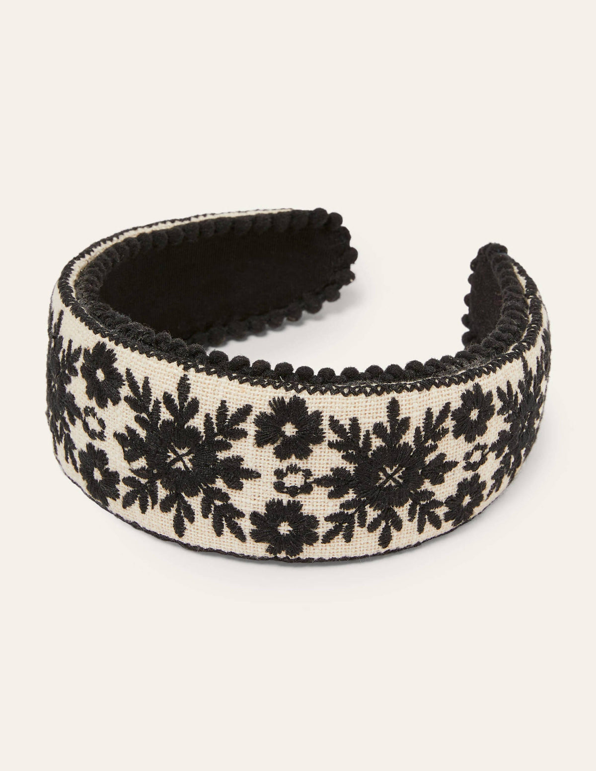 Pompom Headband-White/Black Embroidery - Image 1