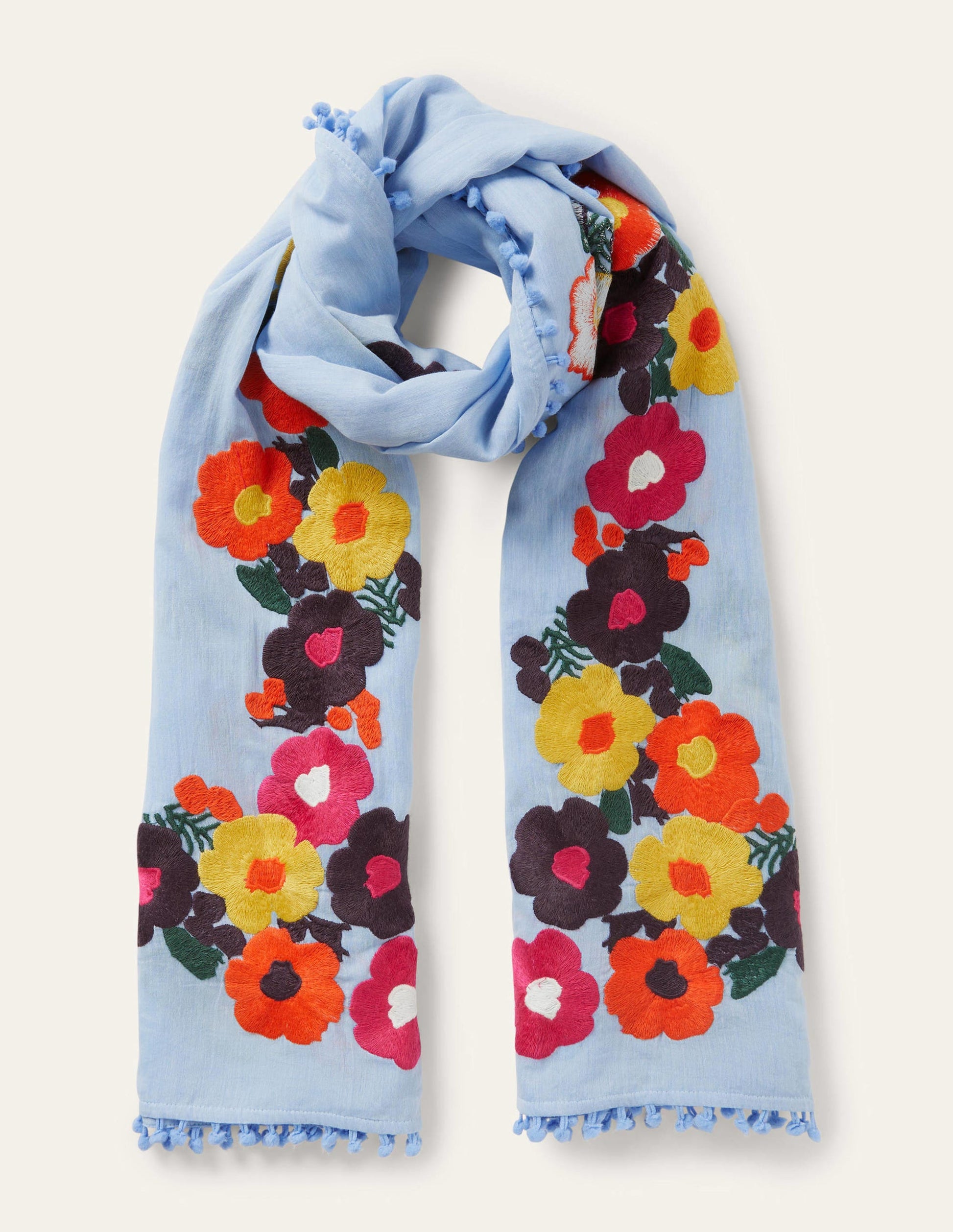 Embroidered Pompom Scarf-Dusty Blue, Embroidered-2