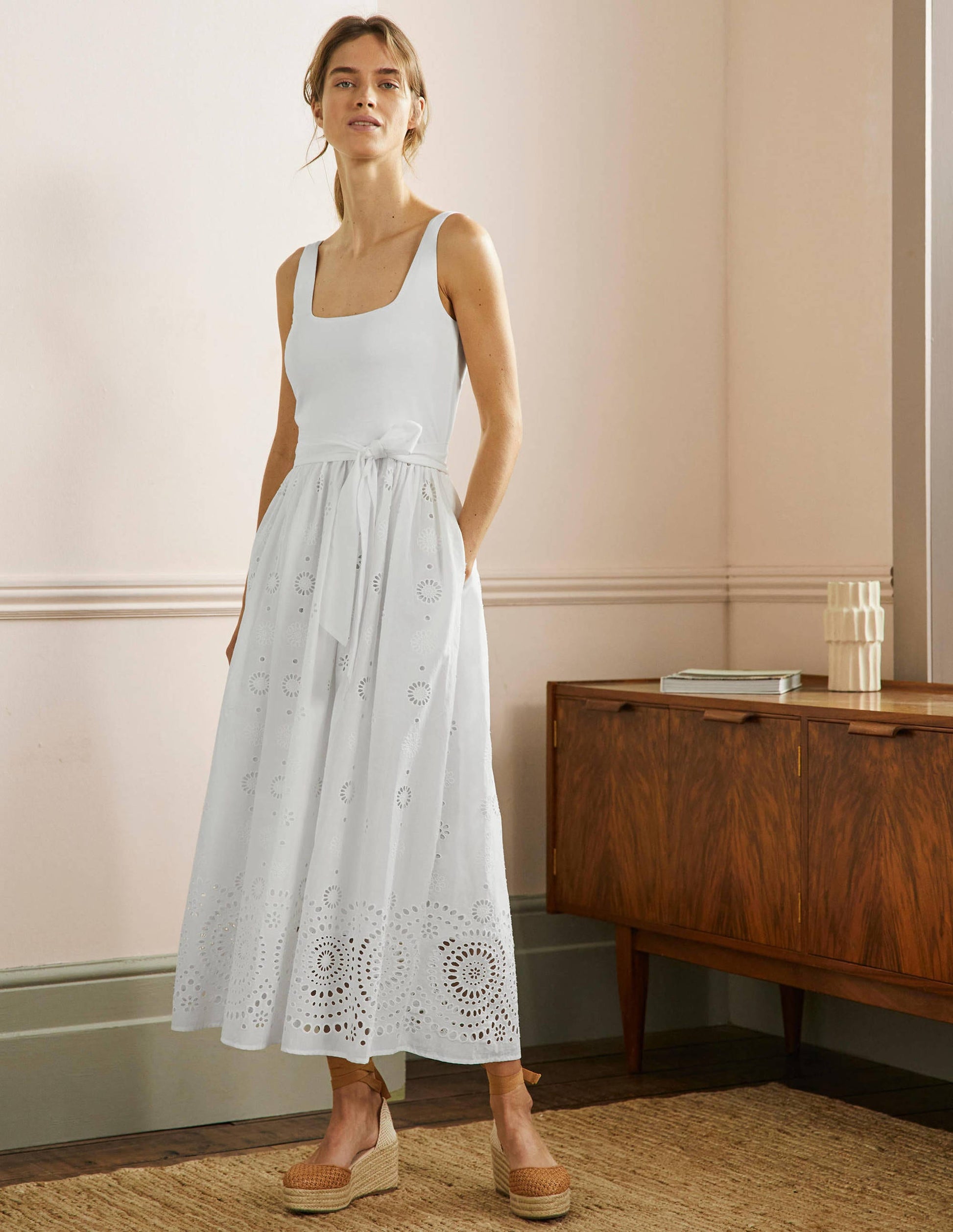 Broderie Mix Midi Dress-White-1